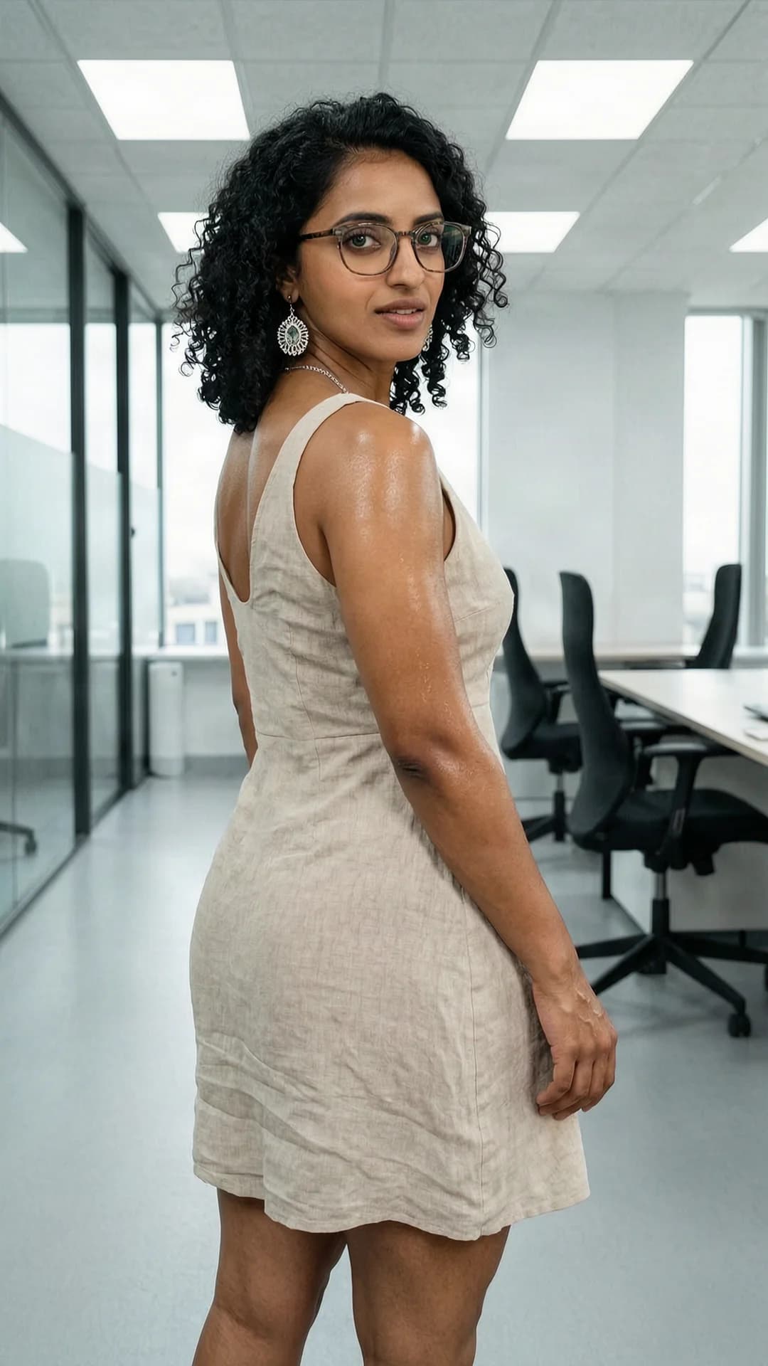30-year-old Indian woman with muscular body, curly black hair, green eyes wearing stylish glasses, standing confidently in a modern office setting with bright overhead lighting and sleek furniture, full body rear view shot with ass to camera and head turned over shoulder making direct innocent eye contact with the viewer showing curious innocence and lips slightly parted, wearing a light flowy summer dress that clings to her toned physique along with an elegant necklace and beautiful earrings, muscle tension visible across her back and legs with subtle skin sheen, standing with weight shifted to one hip in a confident pose, Flawless anatomy, no extra digits, no extra limbs, realistic skin texture, high-detail.