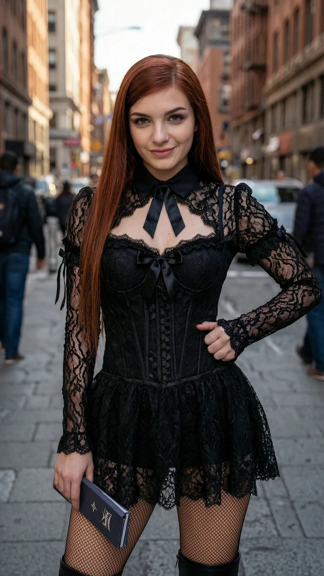 21-year-old Caucasian woman with straight red hair, green eyes, fit athletic body, cosplaying as Misa Amane from Death Note wearing a tight black gothic lace dress with frills, ribbons, corset bodice, fishnet stockings and platform boots, standing in busy city street, medium close-up from front angle with slight low POV, intense direct eye contact with seductive playful lust and lips parted, confident body pose with one hand on hip and the other holding a prop Death Note, dramatic cinematic lighting casting soft shadows across her curves and skin sheen, realistic style, Flawless anatomy, no extra digits, no extra limbs, realistic skin texture, high-detail.