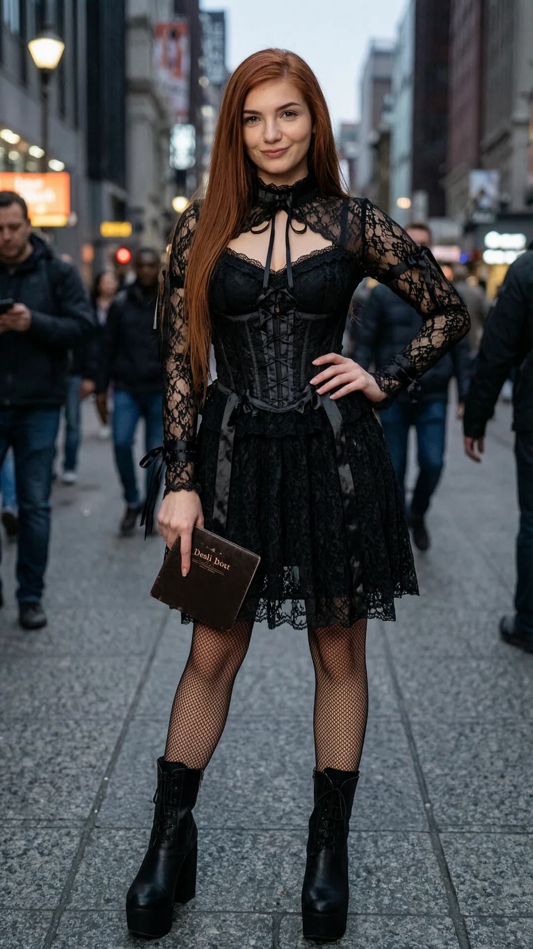 21-year-old Caucasian woman with straight red hair, green eyes, fit athletic body, cosplaying as Misa Amane from Death Note wearing a tight black gothic lace dress with frills, ribbons, corset bodice, fishnet stockings and platform boots, standing in busy city street, medium close-up from front angle with slight low POV, intense direct eye contact with seductive playful lust and lips parted, confident body pose with one hand on hip and the other holding a prop Death Note, dramatic cinematic lighting casting soft shadows across her curves and skin sheen, realistic style, Flawless anatomy, no extra digits, no extra limbs, realistic skin texture, high-detail.