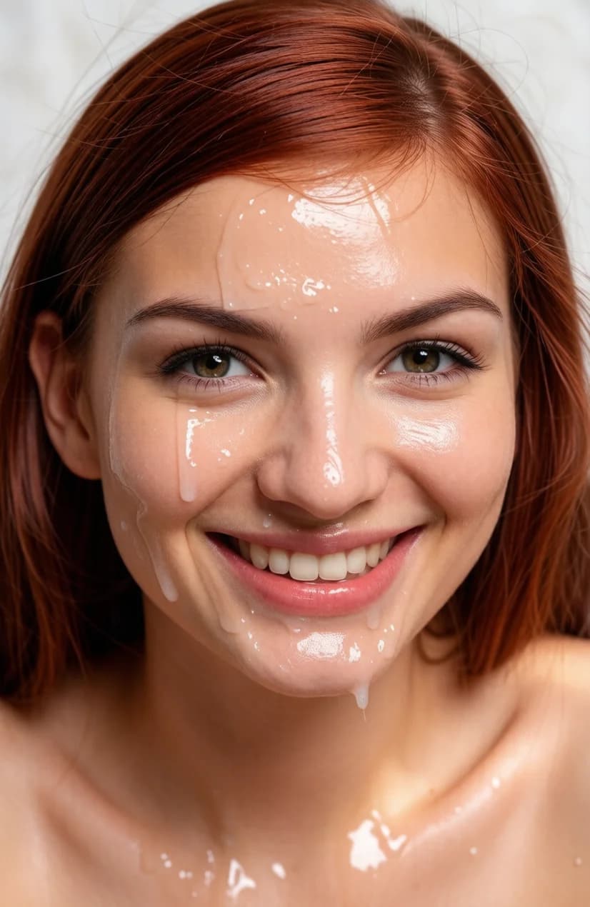 21-year-old Caucasian woman with straight red hair, green eyes and fit body type in extreme close-up face portrait from high-angle POV looking down at her upturned head, flushed face completely covered in thick glossy cum dripping from forehead cheeks and chin with visible wet streaks and skin sheen, happy blissful expression with bright joyful smile and sparkling eyes, intense direct eye contact with the viewer conveying ecstatic satisfaction, lips parted and glistening, nsfw, soft cinematic lighting emphasizing skin sheen and wet textures, realistic style, Flawless anatomy, no extra digits, no extra limbs, realistic skin texture, high-detail.