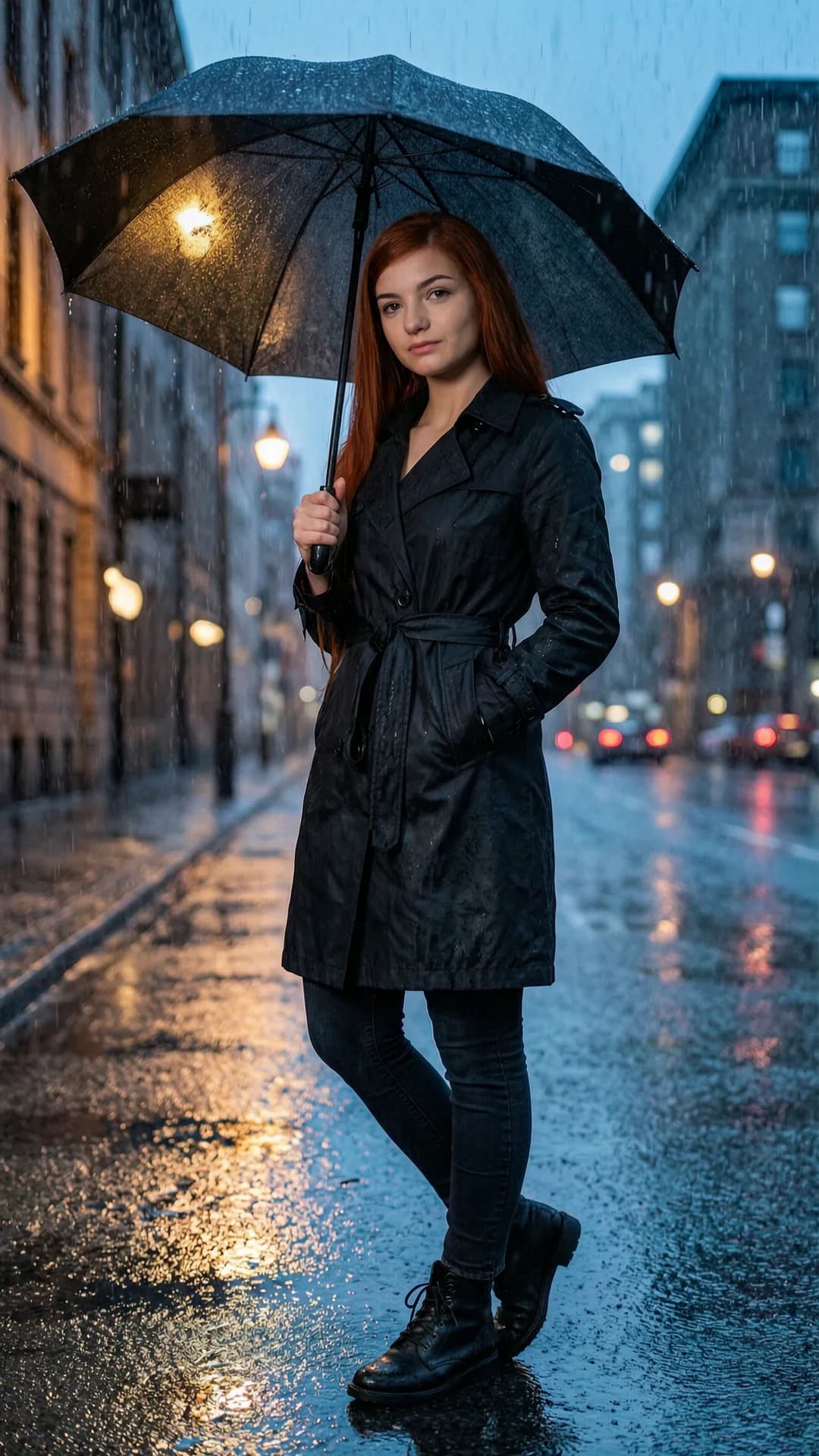 A 21-year-old Caucasian woman with straight red hair, green eyes, and a fit body type stands on a rain-slicked city street at dusk holding a large black umbrella overhead, wearing a fitted black trench coat belted at the waist, dark jeans, and leather boots, body angled slightly toward the viewer with one hand gripping the umbrella handle while the other rests in her coat pocket, full body shot from a three-quarter front angle, direct eye contact with the viewer conveying calm resilience and quiet introspection, wet pavement reflecting glowing streetlights and distant building windows, heavy rain streaking the air and pattering on the umbrella canopy with visible droplets on her coat and face, cinematic moody lighting with cool blue and amber tones, realistic style, Flawless anatomy, no extra digits, no extra limbs, realistic skin texture, high-detail.