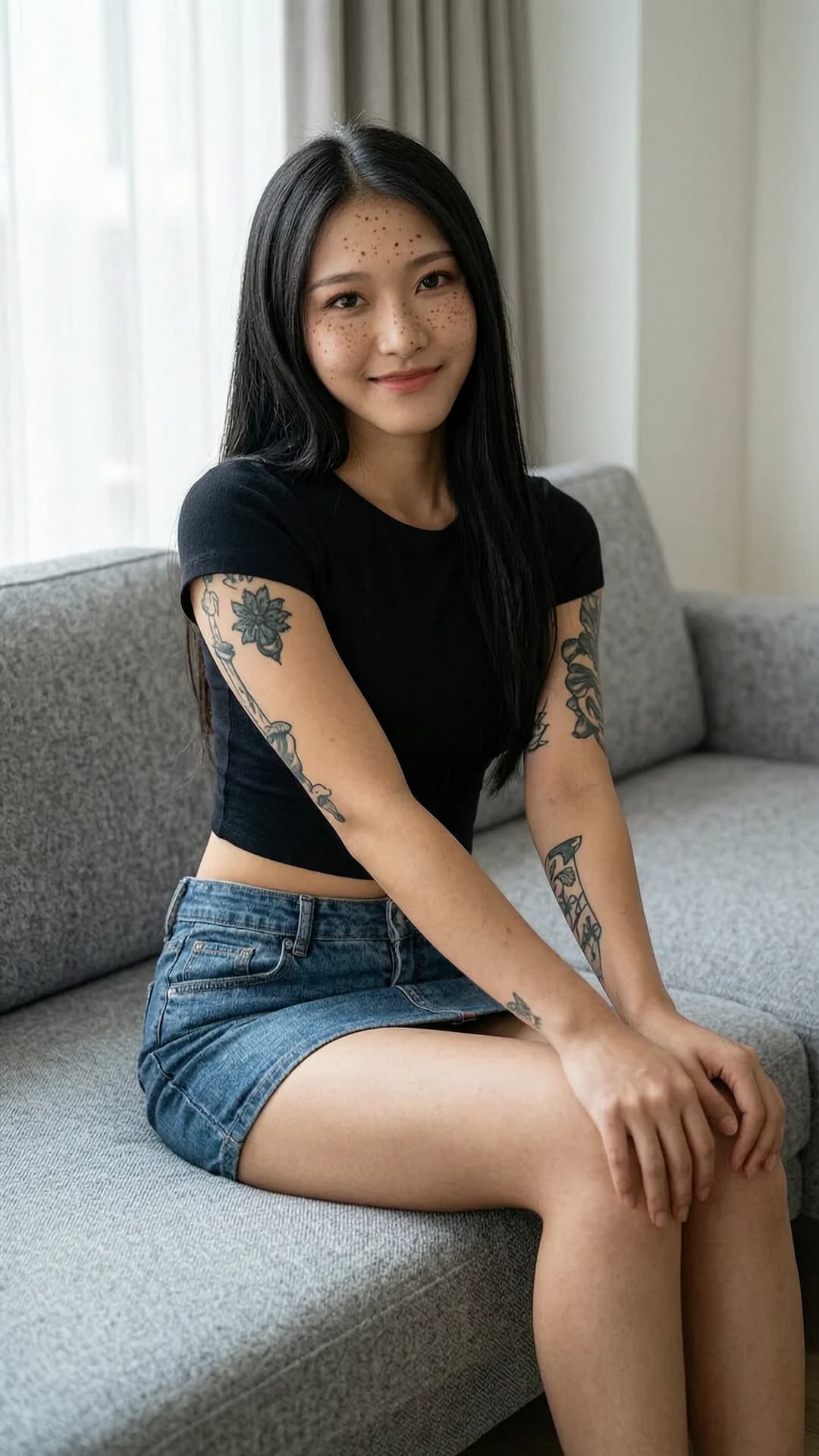 A 21-year-old Asian woman with a skinny body type, straight black hair, brown eyes, freckles across her cheeks and nose, and visible tattoos on her arms and thighs, wearing a fashionable mini skirt with a tight crop top that accentuates her slim waist, sitting casually in a relaxed pose on a modern couch with legs gently crossed and hands resting on her knees, medium close-up from a three-quarter front angle with soft natural window lighting, direct eye contact with a relaxed content expression and subtle smile, casual intimate mood, detailed skin texture and fabric folds, Flawless anatomy, no extra digits, no extra limbs, realistic skin texture, high-detail.