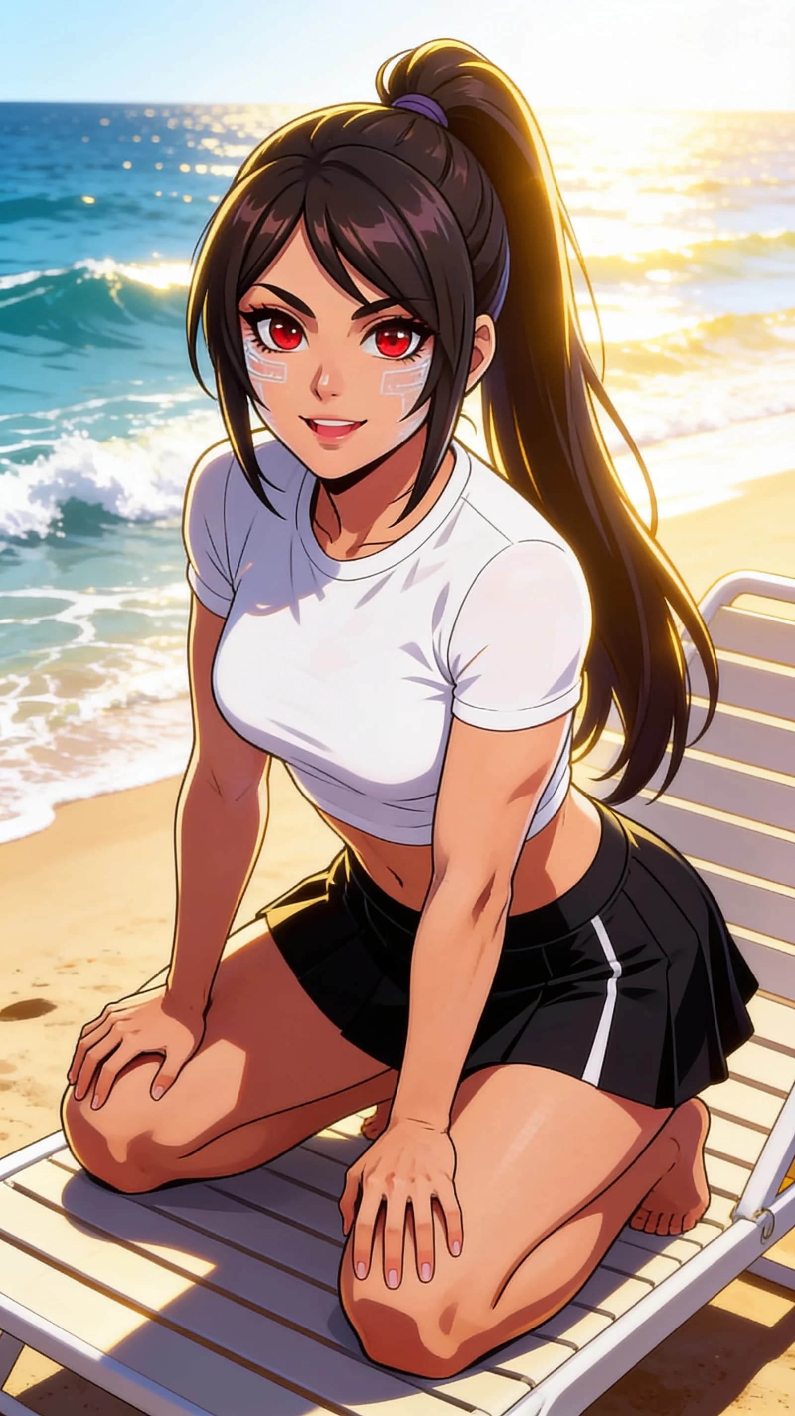 anime style, 2D cel-shaded anime illustration, anime key visual, flat cel shading, clean bold line art, vibrant saturated colors, large detailed expressive anime eyes with crisp catchlights, flat 2D rendering, not photorealistic, not 3D render, 24-year-old Asian woman with black ponytail hair, red eyes, muscular build, wearing a short black tennis skirt and a tight white crop top shirt, squatting athletic pose on a beach lounger with knees bent and thighs flexed, centered in vertical 9:16 portrait framing from head to mid-thigh, sunny beach setting with ocean waves in background, bright sunny daylight with strong golden rim lighting and crisp shadows, direct eye contact with the viewer and warm smiling expression with parted lips, medium close-up front angle POV, detailed anime cel shading, crisp clean linework, correct anatomy, hands cleanly drawn with five fingers, studio-quality anime key visual; avoid: photorealistic, 3D render, extra fingers, deformed hands, blurry, low detail.