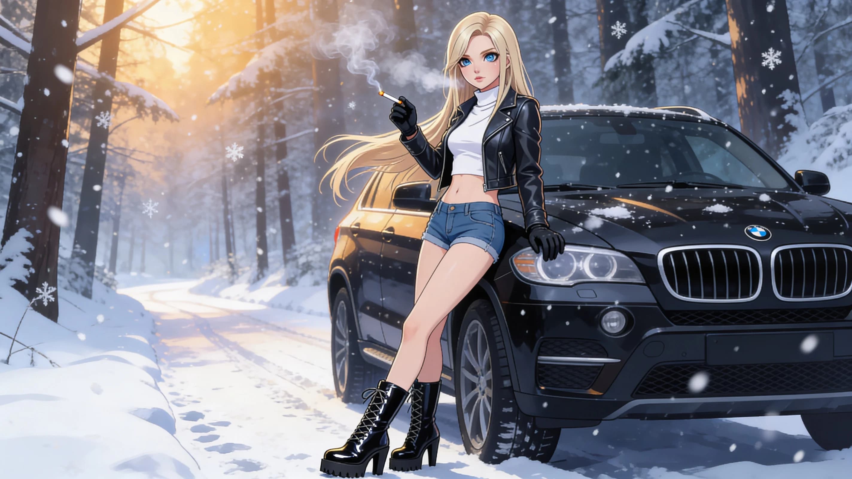 25-year-old Caucasian woman with blonde straight hair, blue eyes and skinny body type wearing a white turtleneck shirt, short black leather jacket, black leather gloves, blue tiny jeans and black shiny leather boots with lacing and rough soles and heels, standing in a confident full-body frontal pose next to a black BMW SUV in a snowy winter forest while holding a lit cigarette in one gloved hand, direct eye contact with the viewer showing cool confident mood, subtle breast position under clothing, light skin sheen and blush marks from cold air, clothing with natural folds and flow, vibrant atmospheric winter lighting with snow-covered trees, anime style, high-quality illustration. Flawless anatomy, no extra digits, no extra limbs, detailed anime shading, high-quality illustration.