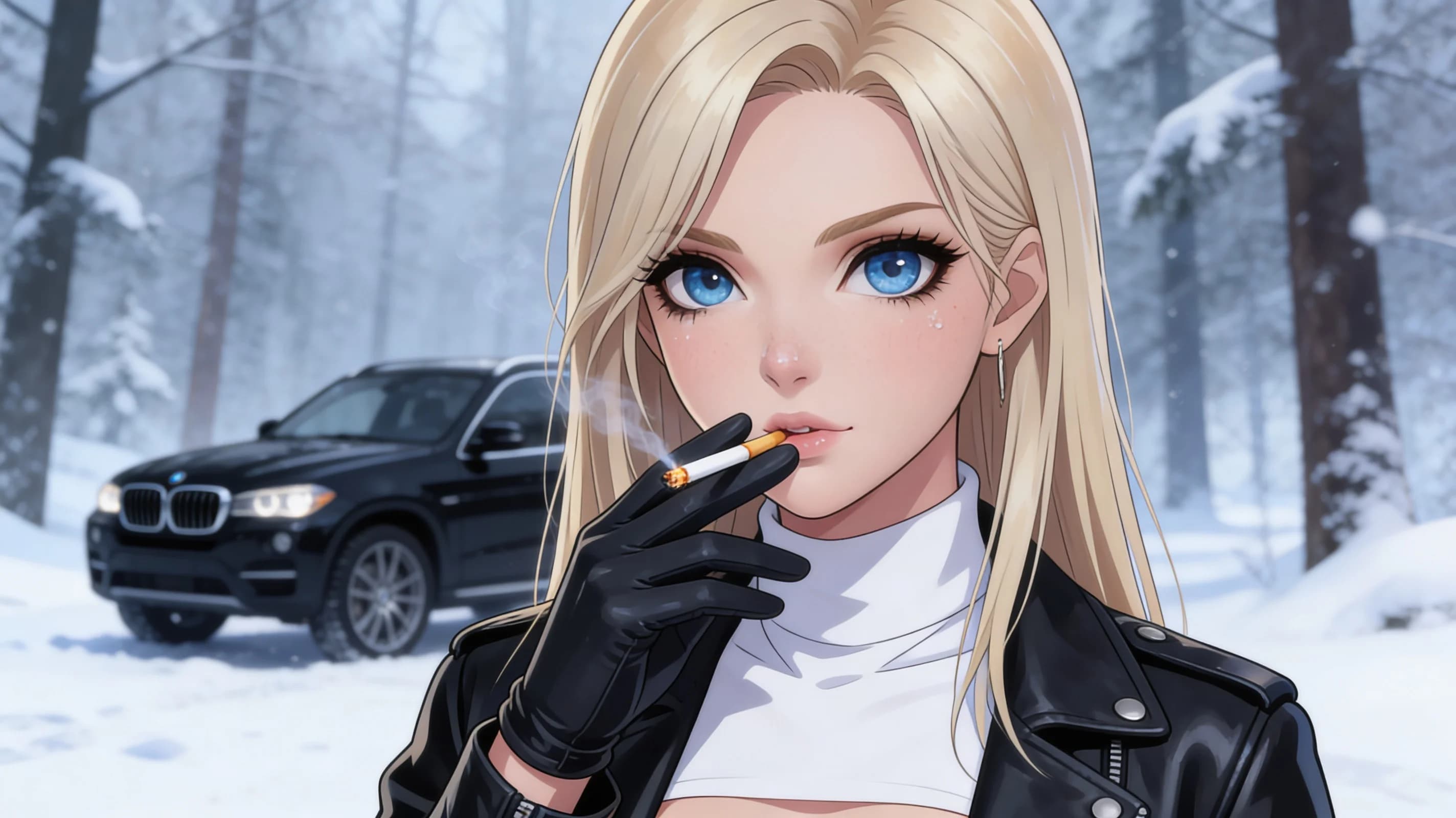 25-year-old Caucasian woman with blonde straight hair, blue eyes and skinny body type wearing a white turtleneck shirt, short black leather jacket, black leather gloves, blue tiny jeans and black shiny leather boots with lacing and rough soles and heels, standing in a confident full-body frontal pose next to a black BMW SUV in a snowy winter forest while holding a lit cigarette in one gloved hand, direct eye contact with the viewer showing cool confident mood, subtle breast position under clothing, light skin sheen and blush marks from cold air, clothing with natural folds and flow, vibrant atmospheric winter lighting with snow-covered trees, anime style, high-quality illustration. Flawless anatomy, no extra digits, no extra limbs, detailed anime shading, high-quality illustration.