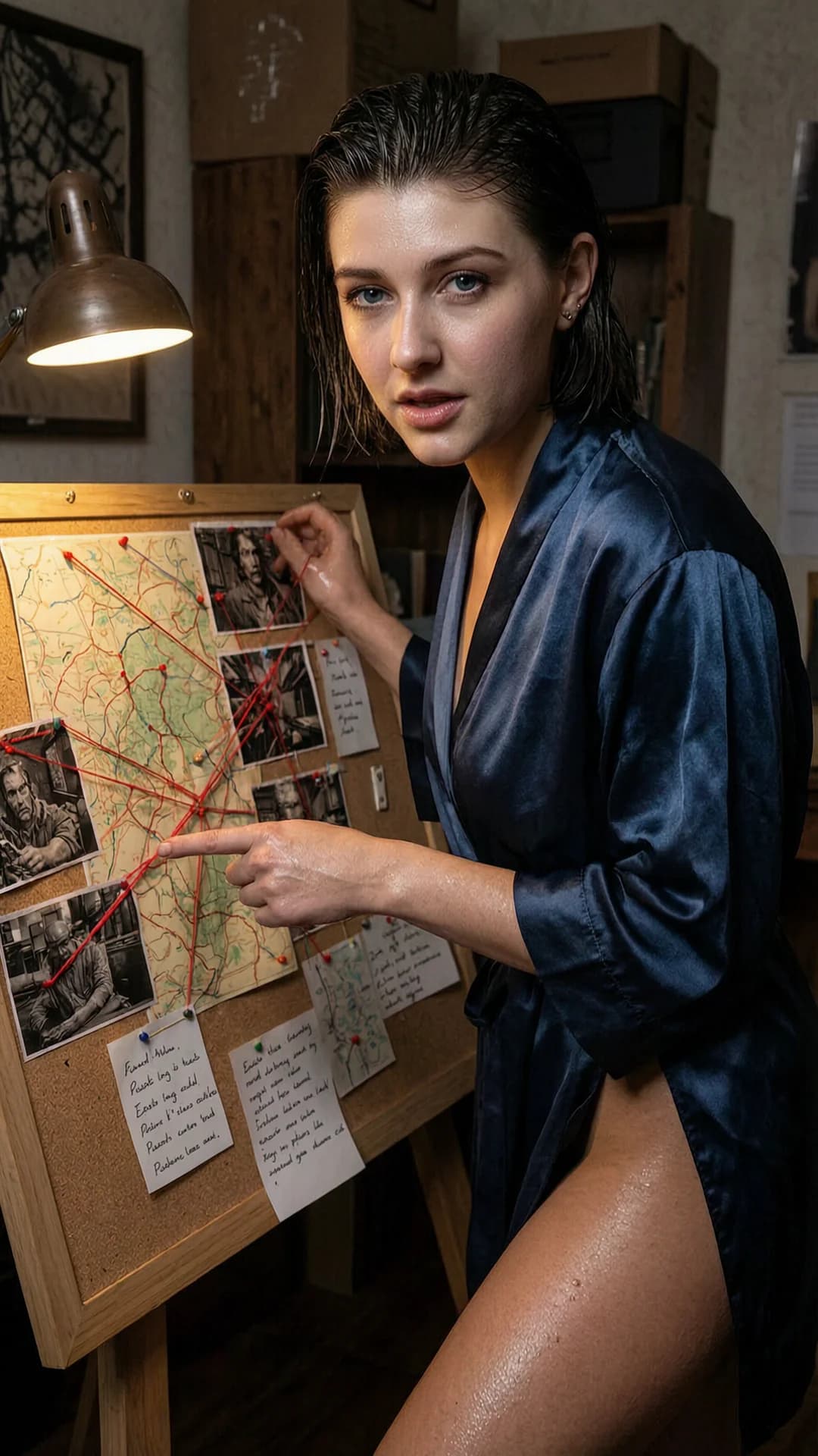 23-year-old Caucasian woman with short wet slicked-back brunette hair, piercing blue eyes, muscular athletic build and trimmed pubic hair, standing in a dimly lit cluttered study wearing only a closed short satin bathrobe that clings tightly to every curve and reveals the outline of her firm breasts and cleavage with one thigh exposed, leaning forward over a sprawling bulletin board covered in conspiracy photos, maps, handwritten notes and red connecting strings while pointing at the board, medium close-up from a three-quarter side angle with her head turned sharply toward the viewer, intense direct eye contact with focused intrigue and parted lips, glistening wet skin under low lamp light, visible muscle tension across shoulders and arms, body physics showing robe fabric stretched across her muscular frame, realistic style, Flawless anatomy, no extra digits, no extra limbs, realistic skin texture, high-detail.