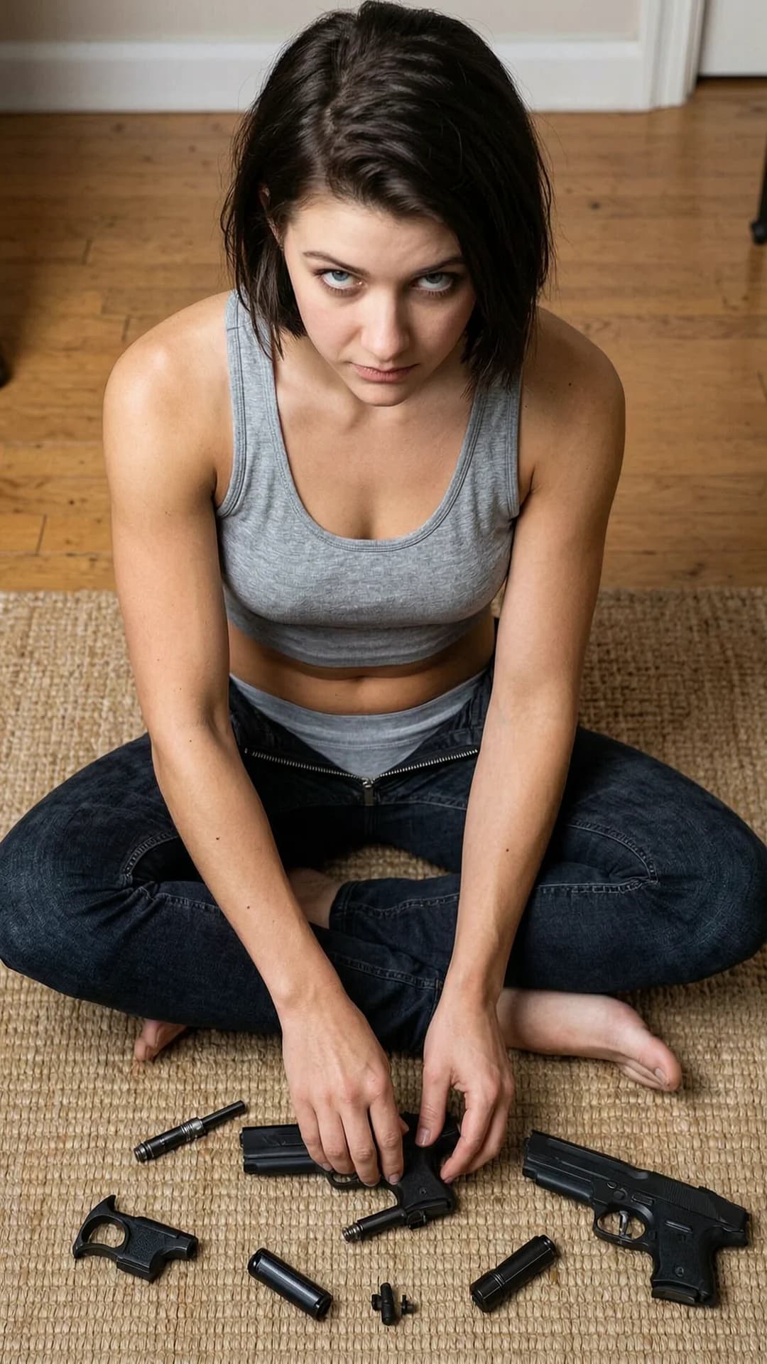 A 23-year-old Caucasian woman with a muscular fit build, short brunette hair, blue eyes, sitting cross-legged on a wooden floor rug while cleaning disassembled pistol parts spread around her, wearing unzipped dark jeans revealing a grey sports thong with visible dark pubic hair peeking from the waistband and a tight grey cropped camisole with prominent nipple outlines, torso leaning slightly forward with strong arms positioned over the gun components, focused concentration on her task, direct upward eye contact with intense focused expression and slightly parted lips, captured from a high-angle POV looking down at her, soft indoor lighting casting subtle shadows across her toned abs and thighs, realistic skin texture and fabric details, explicit anatomical detail with visible camel toe outline against the thong, muscular body tension, subtle skin sheen on her arms and cleavage, Flawless anatomy, no extra digits, no extra limbs, realistic skin texture, high-detail.