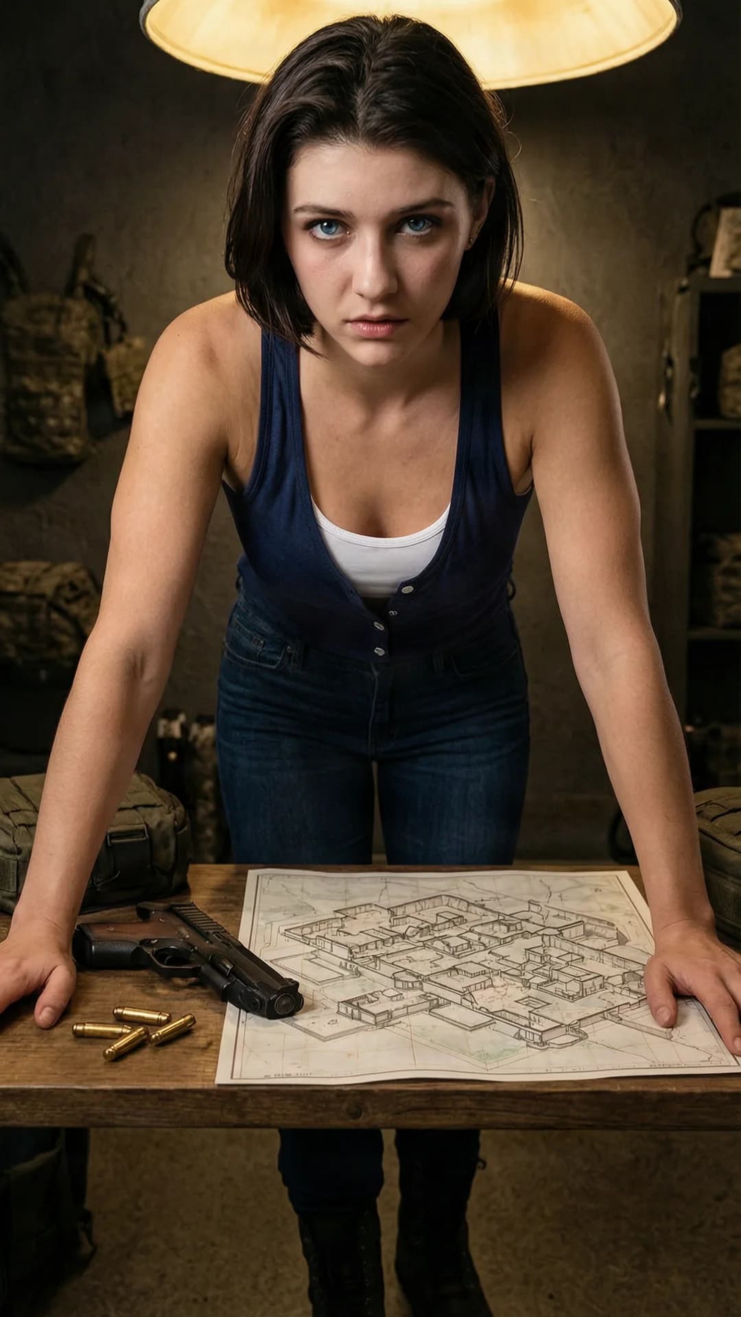 A 23-year-old Caucasian woman with short brunette hair, piercing blue eyes, and a muscular body type, wearing a navy blue low-cut partially unbuttoned tank top over a white undershirt that accentuates her cleavage, dark blue jeans, and tactical boots, leaning forward over a wooden desk with intense direct eye contact toward the viewer and a focused determined expression with lips slightly parted, her muscular arms braced on the desk surface as her breasts press forward creating deep cleavage, the desk cluttered with a pistol, loose ammo rounds, and a detailed map of a mansion spread out under warm overhead lighting in a dimly lit tactical room, medium close-up from a slightly elevated front angle emphasizing her pose and upper body, Flawless anatomy, no extra digits, no extra limbs, realistic skin texture, high-detail.