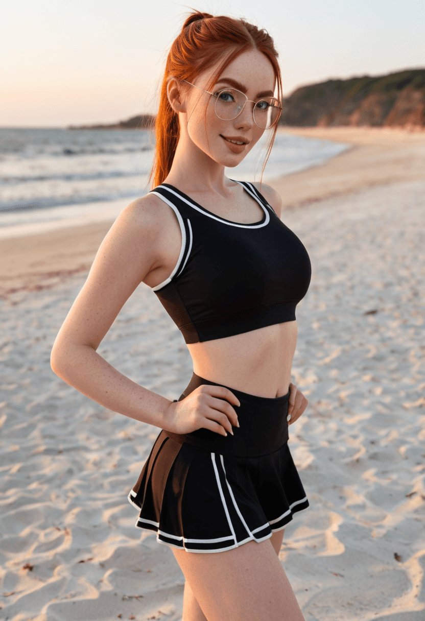 Wearing short black tennis skirt and a crop top shirt, portrait picture, looking at the viewer with a smile, wearing a stylish bikini on the beach, standing confidently, full body shot, working out at the gym, athletic activity