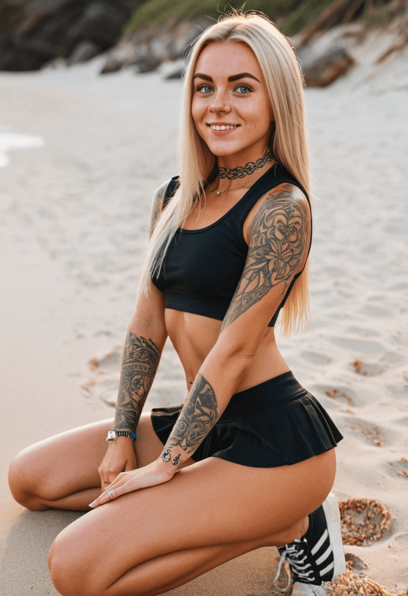Wearing short black tennis skirt and a crop top shirt, portrait picture, looking at the viewer with a smile, squatting position, athletic pose, wearing a stylish bikini on the beach, with artistic tattoos
