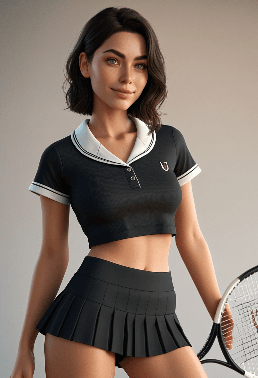 Wearing short black tennis skirt and a crop top shirt, portrait picture, looking at the viewer with a smile