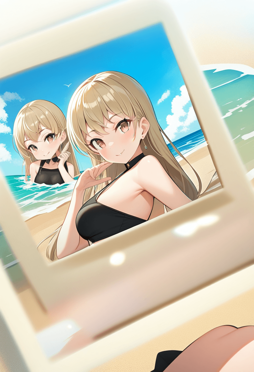 Wearing short black tennis skirt and a crop top shirt, portrait picture, looking at the viewer with a smile, wearing a stylish bikini on the beach, on a sunny beach with ocean waves