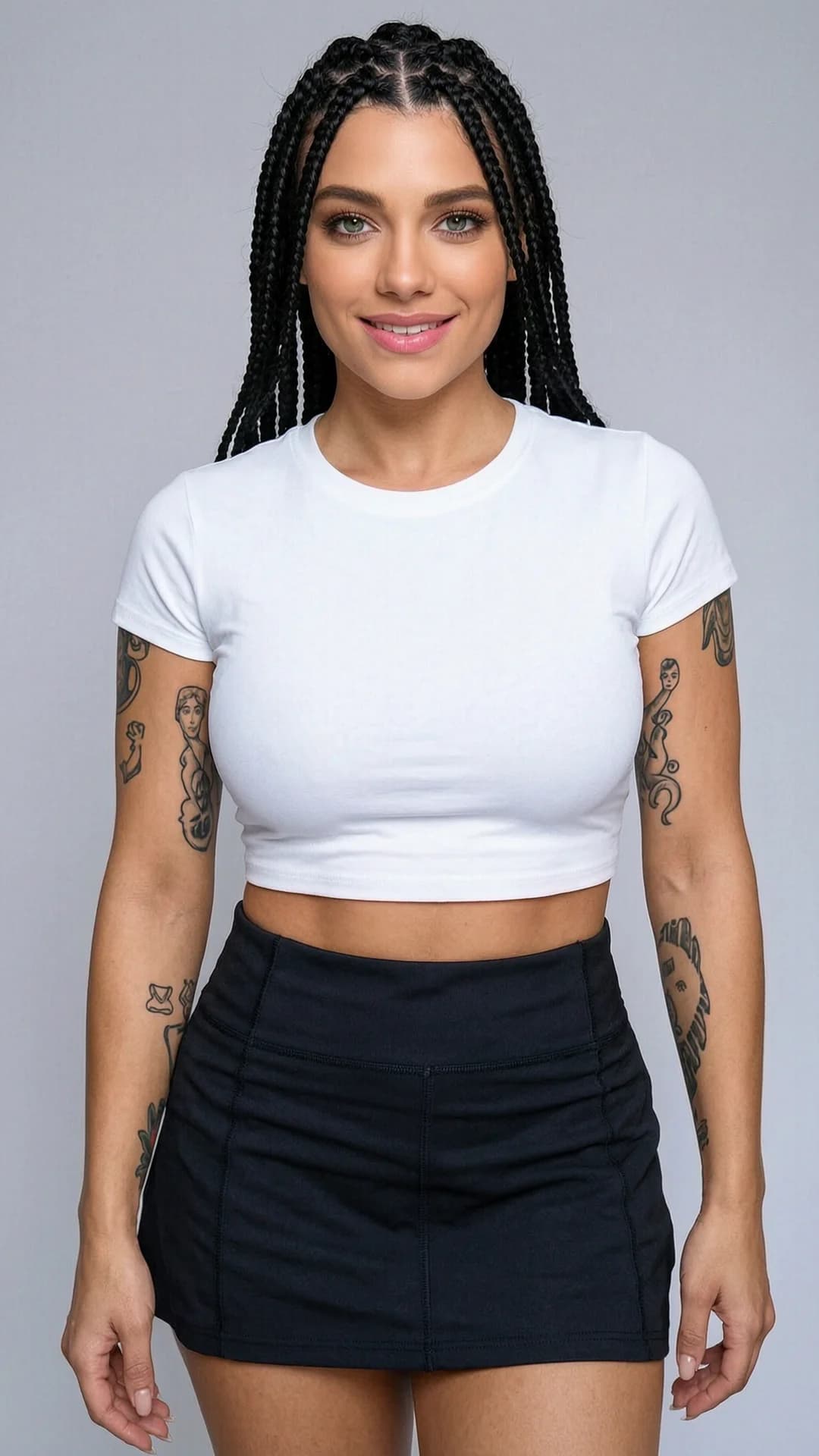 A 29-year-old Latina woman with a fit toned body, black braids, piercing green eyes and visible tattoos, wearing a short black tennis skirt and a tight white crop top shirt that exposes her midriff, standing in a close-up portrait composition from a direct front angle with slight low perspective, direct eye contact with the viewer and a bright genuine smile, lips softly parted, athletic posture with shoulders relaxed and chest forward, natural daylight lighting casting soft shadows across her skin, realistic style, cinematic mood, Flawless anatomy, no extra digits, no extra limbs, realistic skin texture, high-detail.