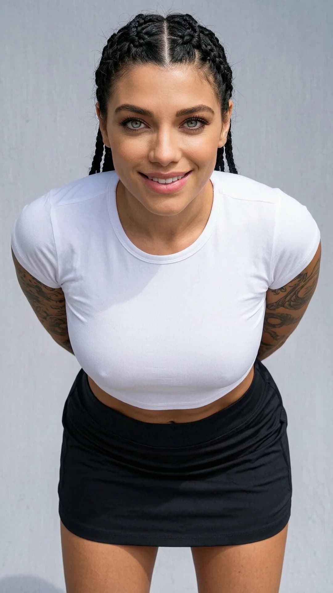 A 29-year-old Latina woman with a fit toned body, black braids, piercing green eyes and visible tattoos, wearing a short black tennis skirt and a tight white crop top shirt that exposes her midriff, standing in a close-up portrait composition from a direct front angle with slight low perspective, direct eye contact with the viewer and a bright genuine smile, lips softly parted, athletic posture with shoulders relaxed and chest forward, natural daylight lighting casting soft shadows across her skin, realistic style, cinematic mood, Flawless anatomy, no extra digits, no extra limbs, realistic skin texture, high-detail.