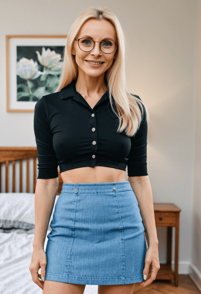 Wearing short black tennis skirt and a crop top shirt, portrait picture, looking at the viewer with a smile, standing confidently, full body shot, in a cozy bedroom setting, wearing a fashionable mini skirt, wearing an elegant knee-length skirt, wearing fitted blue jeans