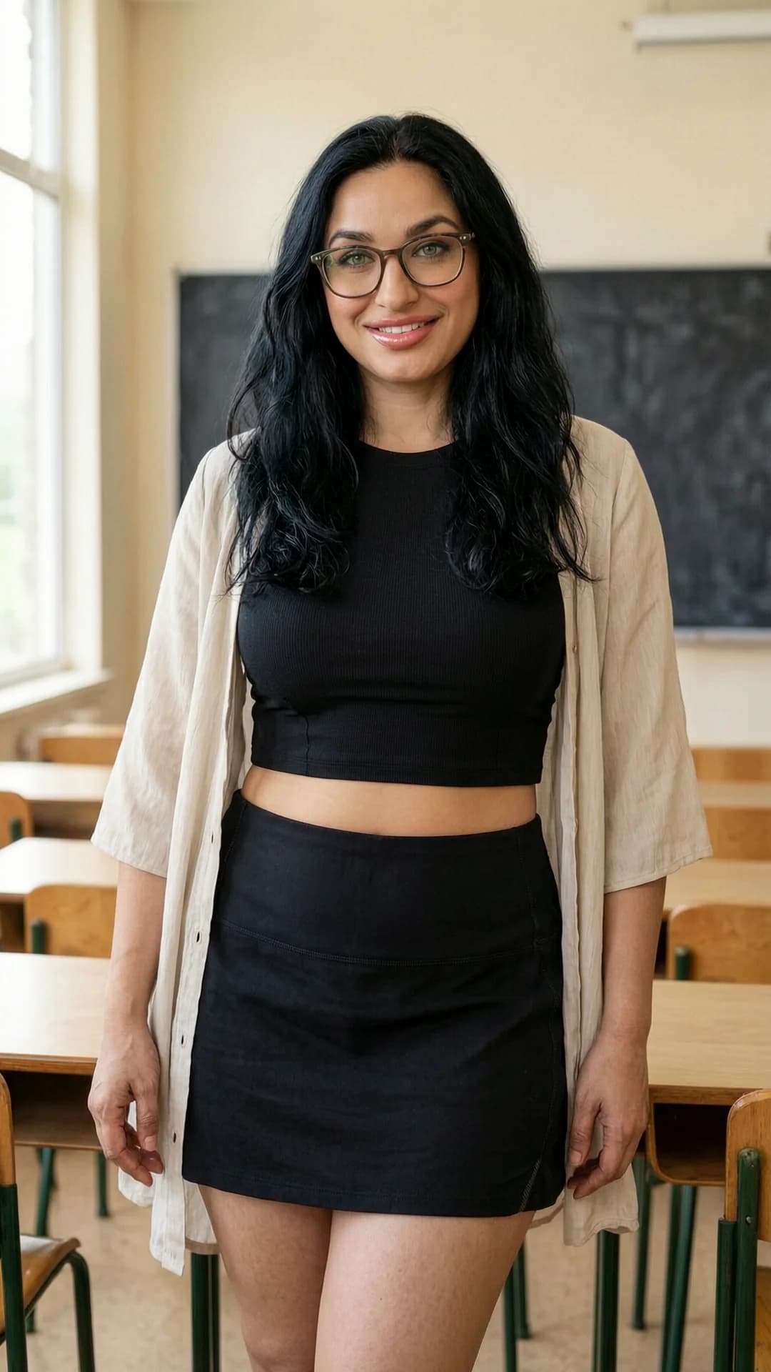 35-year-old Indian woman with long black hair, green eyes and a chubby body type, standing confidently in a classroom environment wearing a short black tennis skirt and a tight crop top shirt with stylish glasses, full body frontal shot from eye level, direct eye contact with a warm inviting smile and slightly parted lips, light flowy summer dress layered over the outfit, soft natural window lighting highlighting her curves and skin texture, realistic style, Flawless anatomy, no extra digits, no extra limbs, realistic skin texture, high-detail.