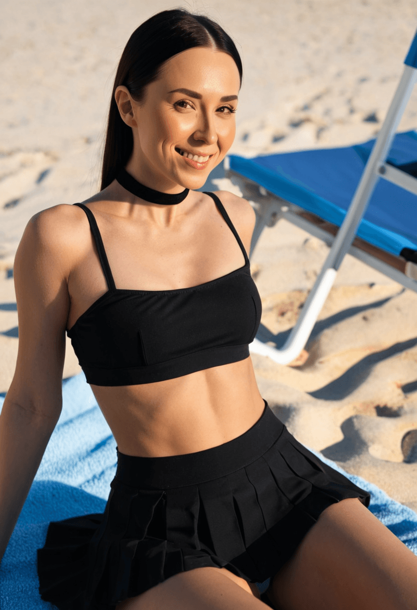 Wearing short black tennis skirt and a crop top shirt, portrait picture, looking at the viewer with a smile, wearing a stylish bikini on the beach, wearing a fashionable mini skirt, sitting casually, relaxed pose, tanning on a beach lounger, wearing a fashionable choker, in a classroom environment