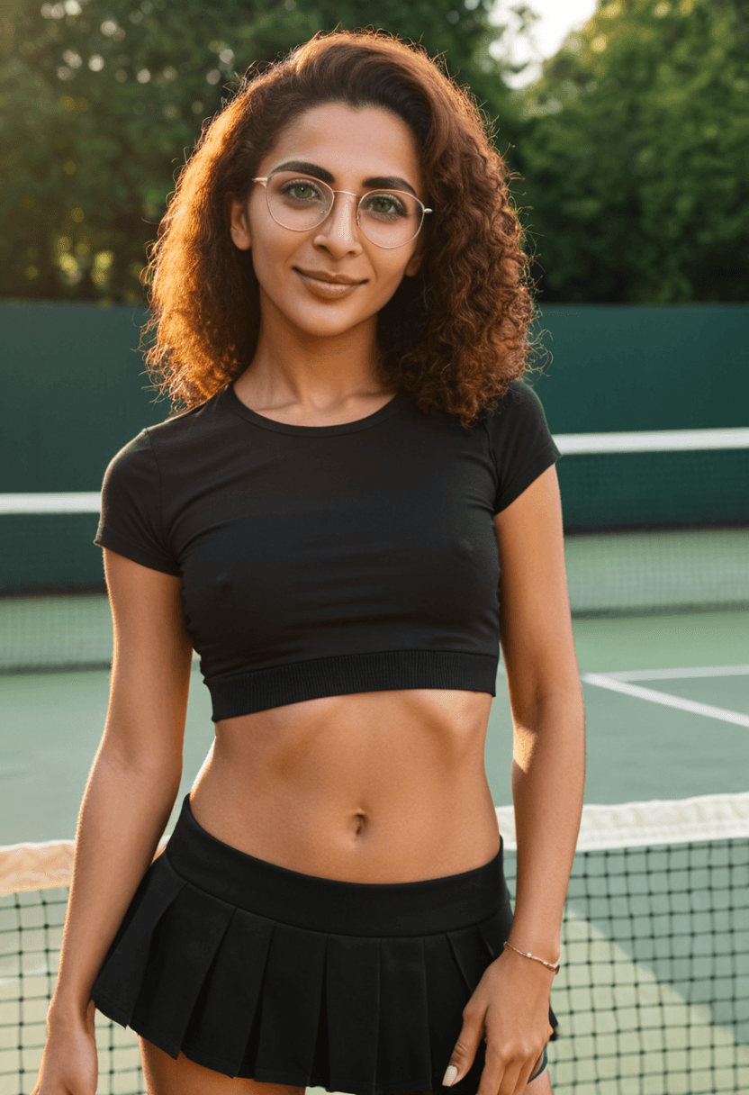 Wearing short black tennis skirt and a crop top shirt, portrait picture, looking at the viewer with a smile
