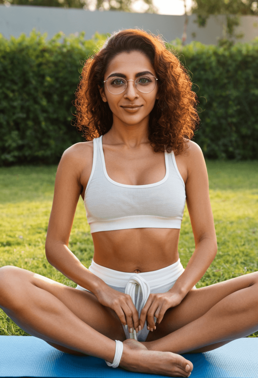 31-year-old indian woman, fit body, medium breasts, large butt, realistic style, glasses, sitting up on yoga mat, wearing yoga clothes, hands tied behind back, ankles tied together, gagged with duct tape, showing soles of feet, full body view, detailed face, detailed hands, detailed feet, high resolution, photorealistic, cyberrealistic