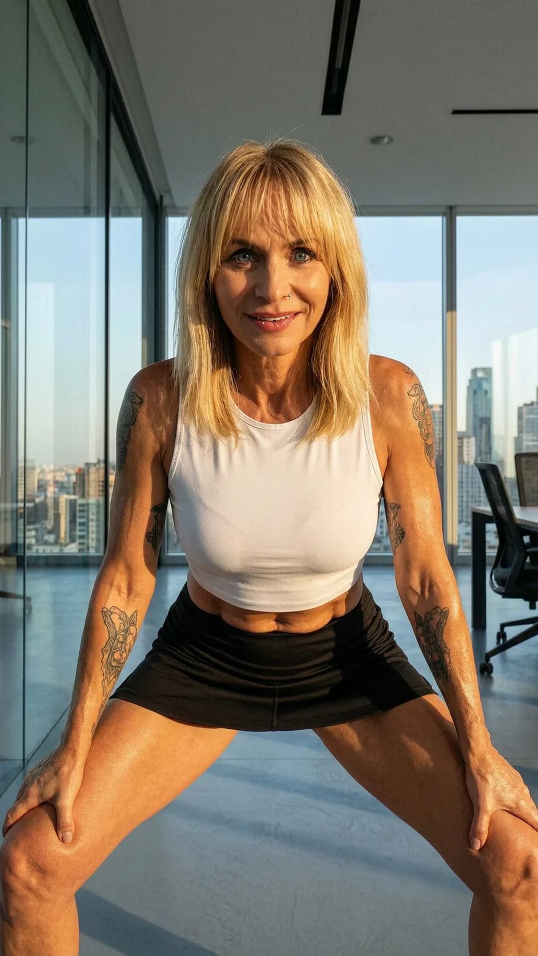 50-year-old caucasian woman with fit athletic body, blonde hair with bangs, piercing blue eyes, nipple piercings visible through thin fabric and intricate tattoos on her shoulders and thighs, in a modern sleek office setting with glass walls and city skyline view, squatting low in an athletic tennis pose with knees spread wide and hands on thighs for balance, wearing a very short black tennis skirt riding up to reveal toned thighs and a tight white crop top shirt clinging to her perky breasts with erect nipples pressing against the fabric from piercings, portrait medium close-up from a low front angle looking up to emphasize powerful legs and confident posture, intense direct eye contact with the viewer through a playful seductive smile and parted glossy lips, dynamic soft office lighting with warm golden hour sunlight streaming through windows casting dramatic shadows on her sweat-glistened skin and highlighting muscle tension in her core and glutes, body physics showing firm breast lift under crop top, taut abdominal definition, subtle skin sheen from exertion, realistic style, flawless anatomy, no extra digits, no extra limbs, realistic skin texture, high-detail.