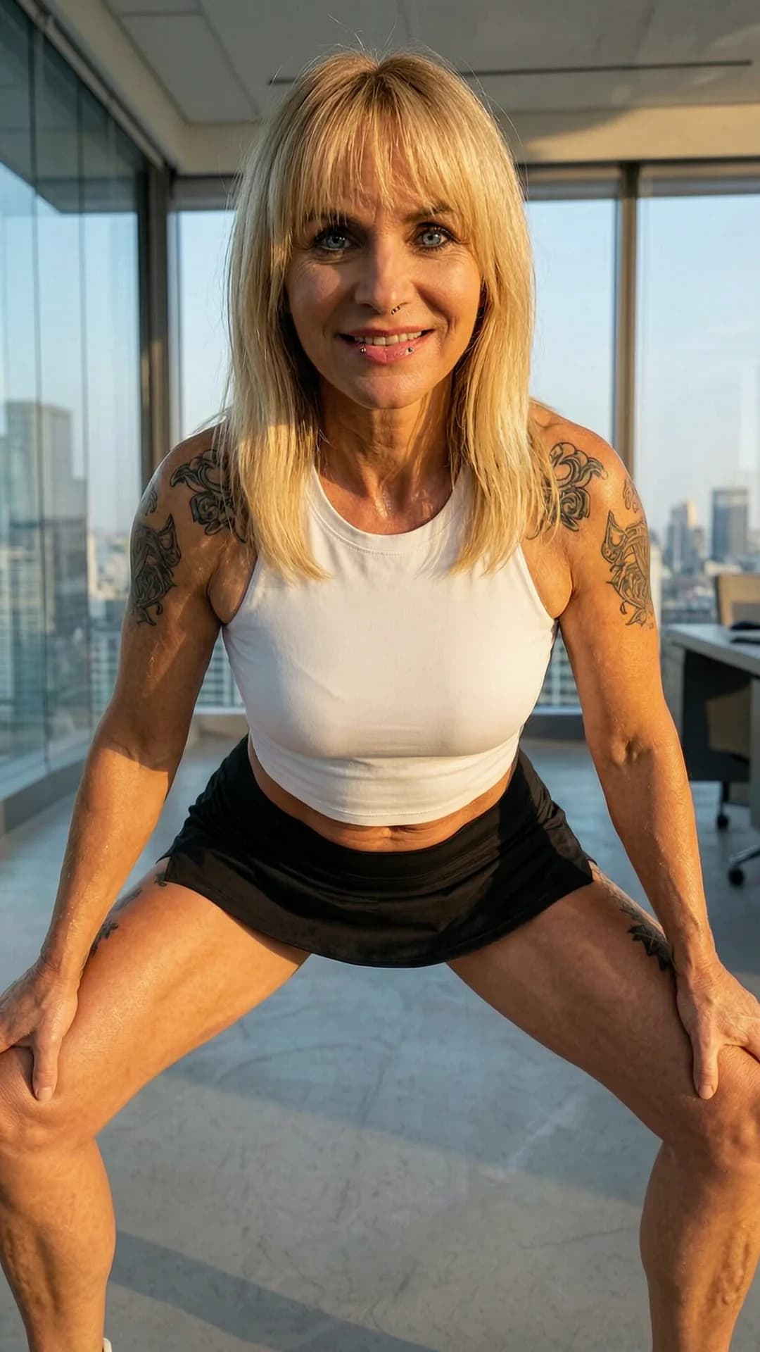 50-year-old caucasian woman with fit athletic body, blonde hair with bangs, piercing blue eyes, nipple piercings visible through thin fabric and intricate tattoos on her shoulders and thighs, in a modern sleek office setting with glass walls and city skyline view, squatting low in an athletic tennis pose with knees spread wide and hands on thighs for balance, wearing a very short black tennis skirt riding up to reveal toned thighs and a tight white crop top shirt clinging to her perky breasts with erect nipples pressing against the fabric from piercings, portrait medium close-up from a low front angle looking up to emphasize powerful legs and confident posture, intense direct eye contact with the viewer through a playful seductive smile and parted glossy lips, dynamic soft office lighting with warm golden hour sunlight streaming through windows casting dramatic shadows on her sweat-glistened skin and highlighting muscle tension in her core and glutes, body physics showing firm breast lift under crop top, taut abdominal definition, subtle skin sheen from exertion, realistic style, flawless anatomy, no extra digits, no extra limbs, realistic skin texture, high-detail.