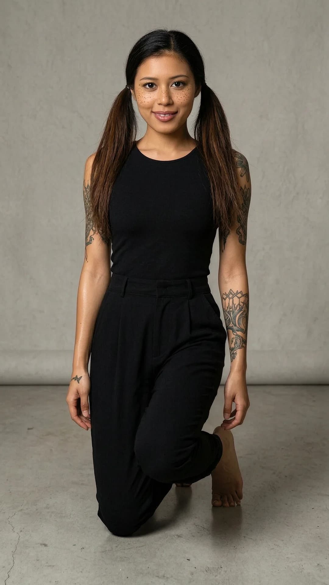 A 27-year-old skinny Asian woman with brunette pigtails, brown eyes, freckles across her cheeks, and artistic tattoos on her arms and legs stands in a full body shot from a slightly low frontal angle, kneeling elegantly on one knee in an athletic yet relaxed pose wearing a stylish fitted black jumpsuit that accentuates her slender frame, soft cinematic lighting in a modern minimalist studio with neutral tones, direct intense eye contact with the viewer showing confident allure and subtle smile, lips gently parted, body positioned with natural muscle tension and skin sheen, flawless anatomy, no extra digits, no extra limbs, realistic skin texture, high-detail.