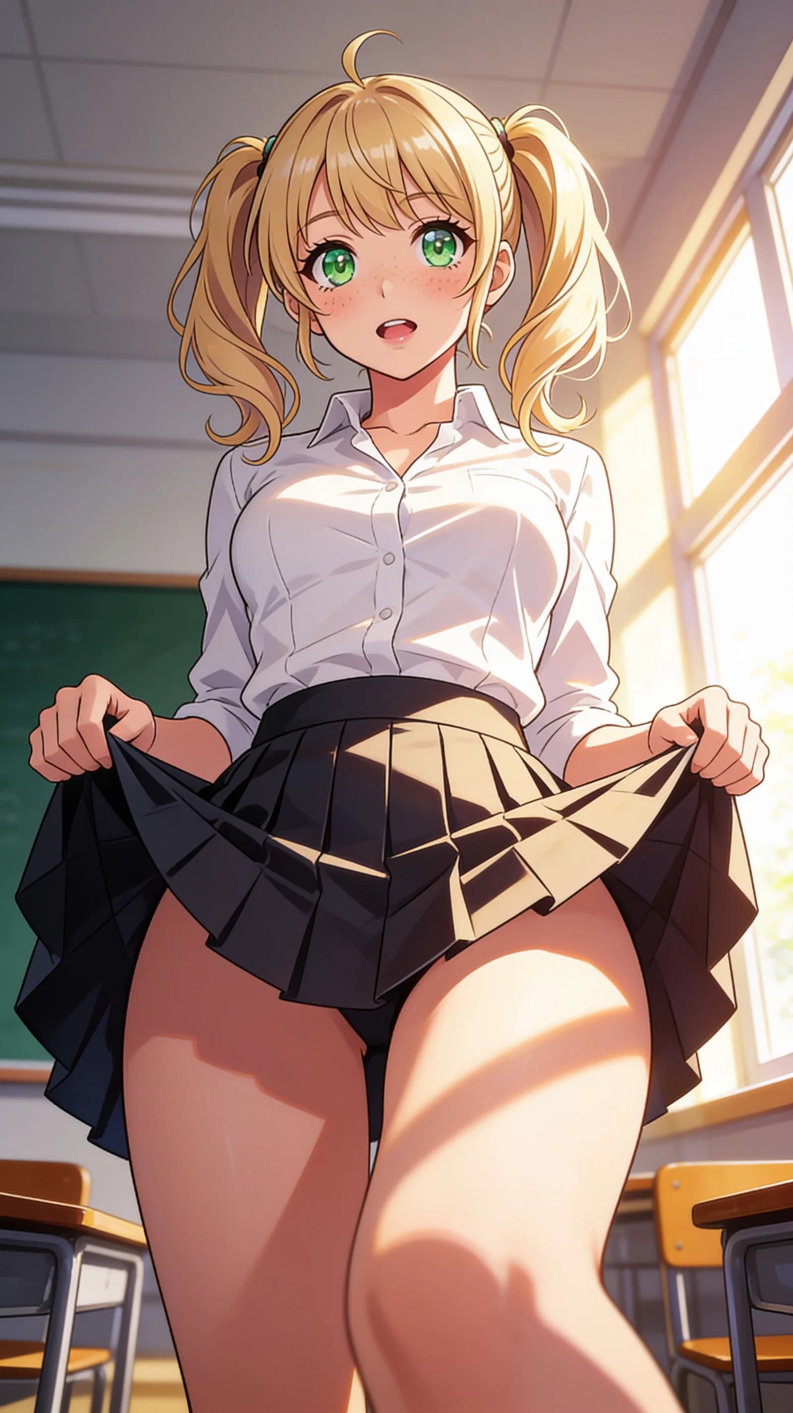 anime style, 2D cel-shaded anime illustration, anime key visual, flat cel shading, clean bold line art, vibrant saturated colors, large detailed expressive anime eyes with crisp catchlights, flat 2D rendering, not photorealistic, not 3D render, 21-year-old caucasian woman with blonde pigtails, green eyes, fit body, freckles, standing in her school uniform with white blouse and pleated skirt lifted high by both hands to fully reveal her smooth shaved pussy, strict first-person POV medium close-up from front angle centered on her waist-up frame in vertical 9:16 portrait composition, shy and nervous expression with blushing cheeks and parted lips, direct nervous eye contact with the viewer, soft diffused classroom window light casting gentle highlights on her skin and uniform folds with subtle shadows, nsfw, detailed anime cel shading, crisp clean linework, correct anatomy, hands cleanly drawn with five fingers, studio-quality anime key visual; avoid: photorealistic, 3D render, extra fingers, deformed hands, blurry, low detail.