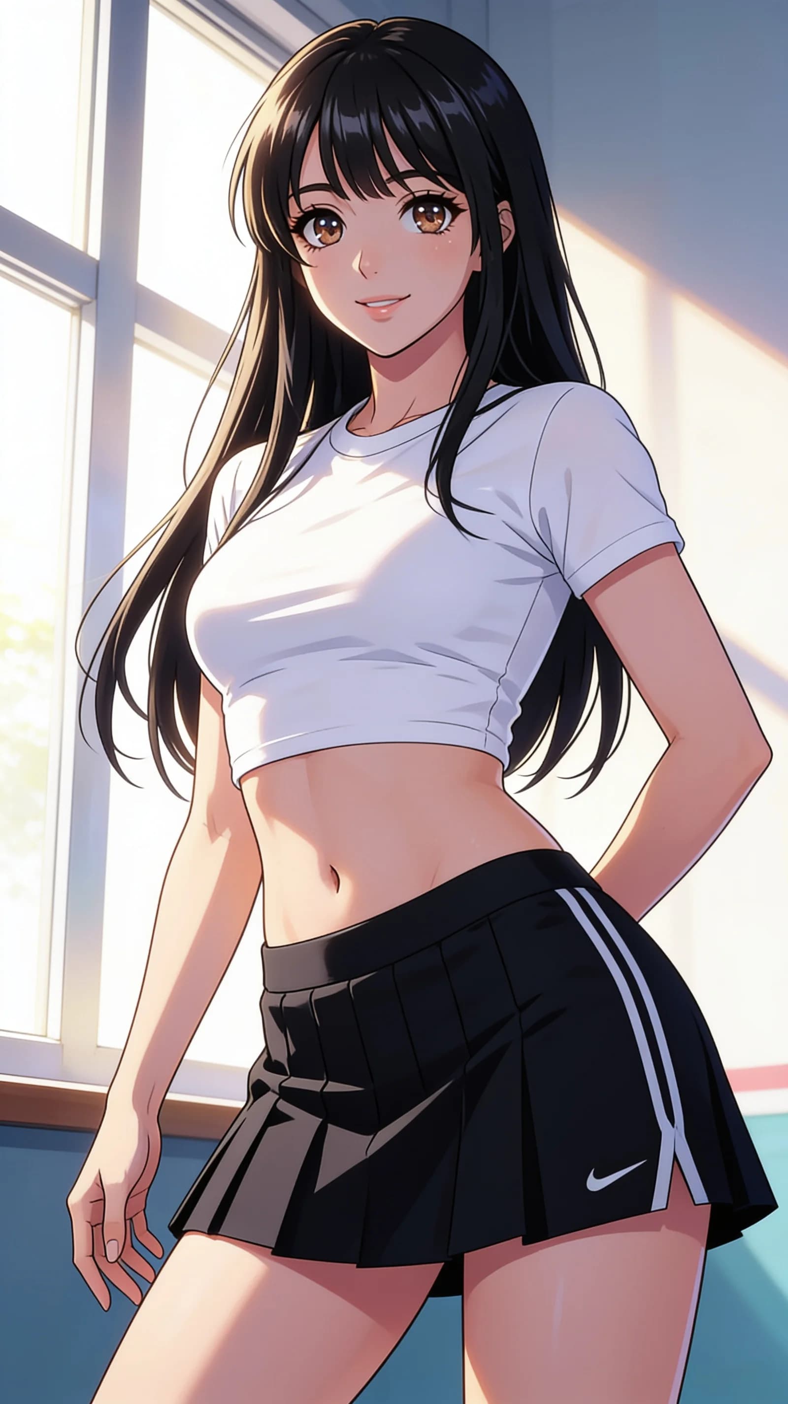 anime style, 2D cel-shaded anime illustration, anime key visual, flat cel shading, clean bold line art, vibrant saturated colors, large detailed expressive anime eyes with crisp catchlights, flat 2D rendering, not photorealistic, not 3D render, 24-year-old Asian woman with fit athletic body, black hair with straight bangs, brown eyes, wearing a short black tennis skirt and a tight white crop top shirt that exposes her midriff, standing in a confident pose with hips slightly tilted, medium close-up vertical 9:16 portrait from eye-level front angle with the character centered and filling the frame from head to mid-thigh, direct intense eye contact with the viewer and a warm cheerful smile with lips parted, soft natural window light illuminating her face and creating gentle highlights on skin and fabric folds, bright vibrant atmosphere, detailed anime cel shading, crisp clean linework, correct anatomy, hands cleanly drawn with five fingers, studio-quality anime key visual; avoid: photorealistic, 3D render, extra fingers, deformed hands, blurry, low detail.