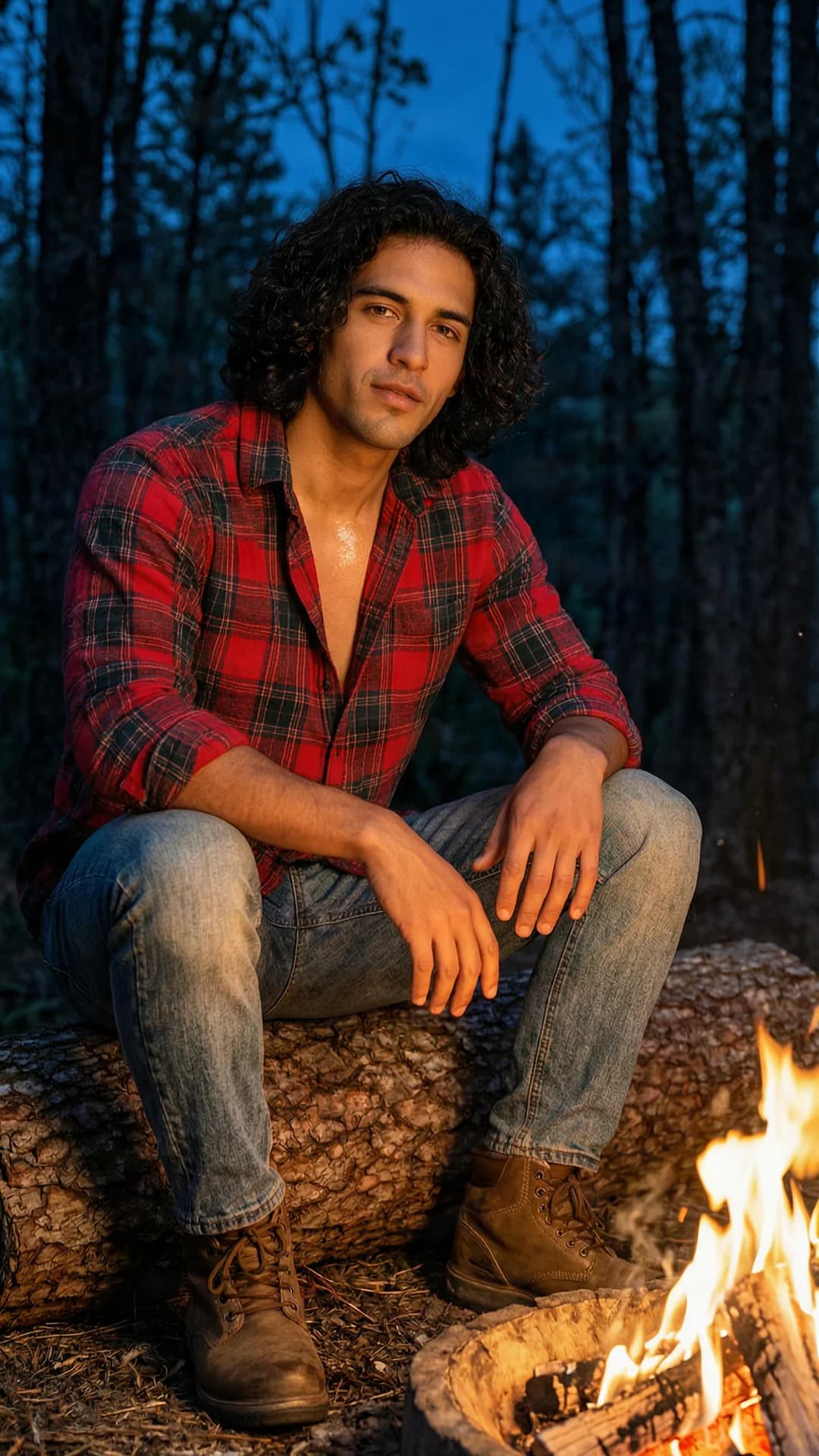 A 30-year-old muscular Latino man with curly black hair and brown eyes, wearing a red plaid flannel shirt unbuttoned at the collar and faded blue jeans, sitting relaxed on a log beside a crackling campfire at night in a dark forest clearing, his muscular torso leaning slightly forward with one arm resting on his knee, curly black hair catching the warm glow, body positioned with legs apart and boots planted on the ground, intense direct eye contact with the viewer conveying a calm contemplative mood, lips slightly parted, warm orange firelight highlighting skin sheen and fabric textures against the deep blue night sky and surrounding trees, medium close-up from a three-quarter front angle, Flawless anatomy, no extra digits, no extra limbs, realistic skin texture, high-detail.