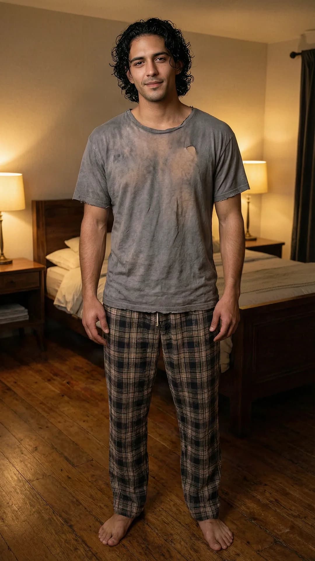A 30-year-old Latino man with muscular build, curly black hair damp from shower, and brown eyes, wearing soft worn flannel pajama bottoms and an old gray t-shirt with a small tear near the collar where the cotton fabric has become perfectly softened and slightly translucent, standing barefoot on wooden floor in a cozy dimly lit bedroom, relaxed upright pose with shoulders slightly back and arms loose at sides, medium full-body shot from front angle with soft warm ambient lighting highlighting skin sheen and fabric texture, direct eye contact with calm relaxed expression and subtle smile, subtle muscle tension visible beneath the soft t-shirt, Flawless anatomy, no extra digits, no extra limbs, realistic skin texture, high-detail.