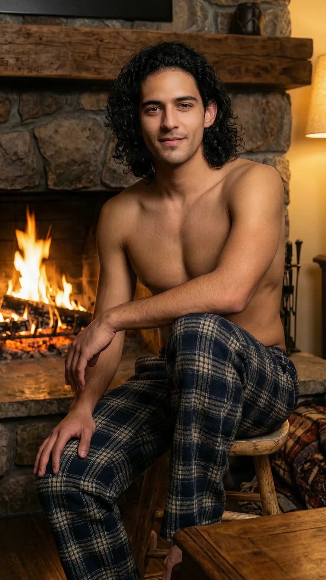 A 30-year-old muscular Latino man with curly black hair, brown eyes, and a shirtless torso wearing only loose flannel pajama pants sits relaxed in front of a crackling stone fireplace at night, one knee raised and propped up with his hand resting casually on it, warm golden firelight casting flickering shadows across his defined chest and abs, cozy rustic living room setting with stone walls, medium close-up from a three-quarter front angle, direct eye contact with a calm and inviting gaze and subtle relaxed smile, soft ambient glow highlighting skin texture and muscle definition, realistic style, Flawless anatomy, no extra digits, no extra limbs, realistic skin texture, high-detail.