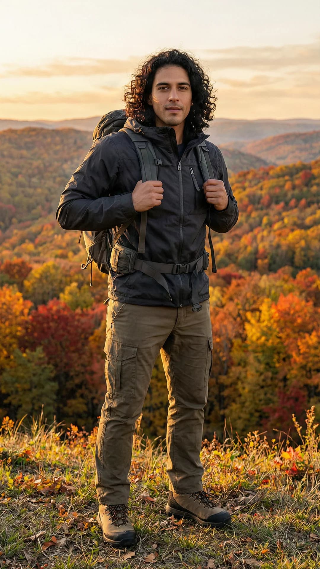 A 30-year-old Latino man with muscular build, curly black hair, and brown eyes, standing in full hiking gear including sturdy boots, fitted cargo pants, a weatherproof jacket, and a backpack, posed with one hand on his hip and the other adjusting his strap, body slightly turned toward the viewer in a confident stance with visible muscle tension across his chest and arms, set against a vast valley filled with trees displaying vibrant fall-colored leaves in reds, oranges, and golds under warm golden hour lighting creating a serene adventurous mood, medium full-body shot from a slight low front angle capturing the expansive background, direct intense eye contact with the viewer conveying confident determination and quiet excitement, lips slightly parted in a subtle smile, realistic style, Flawless anatomy, no extra digits, no extra limbs, realistic skin texture, high-detail.