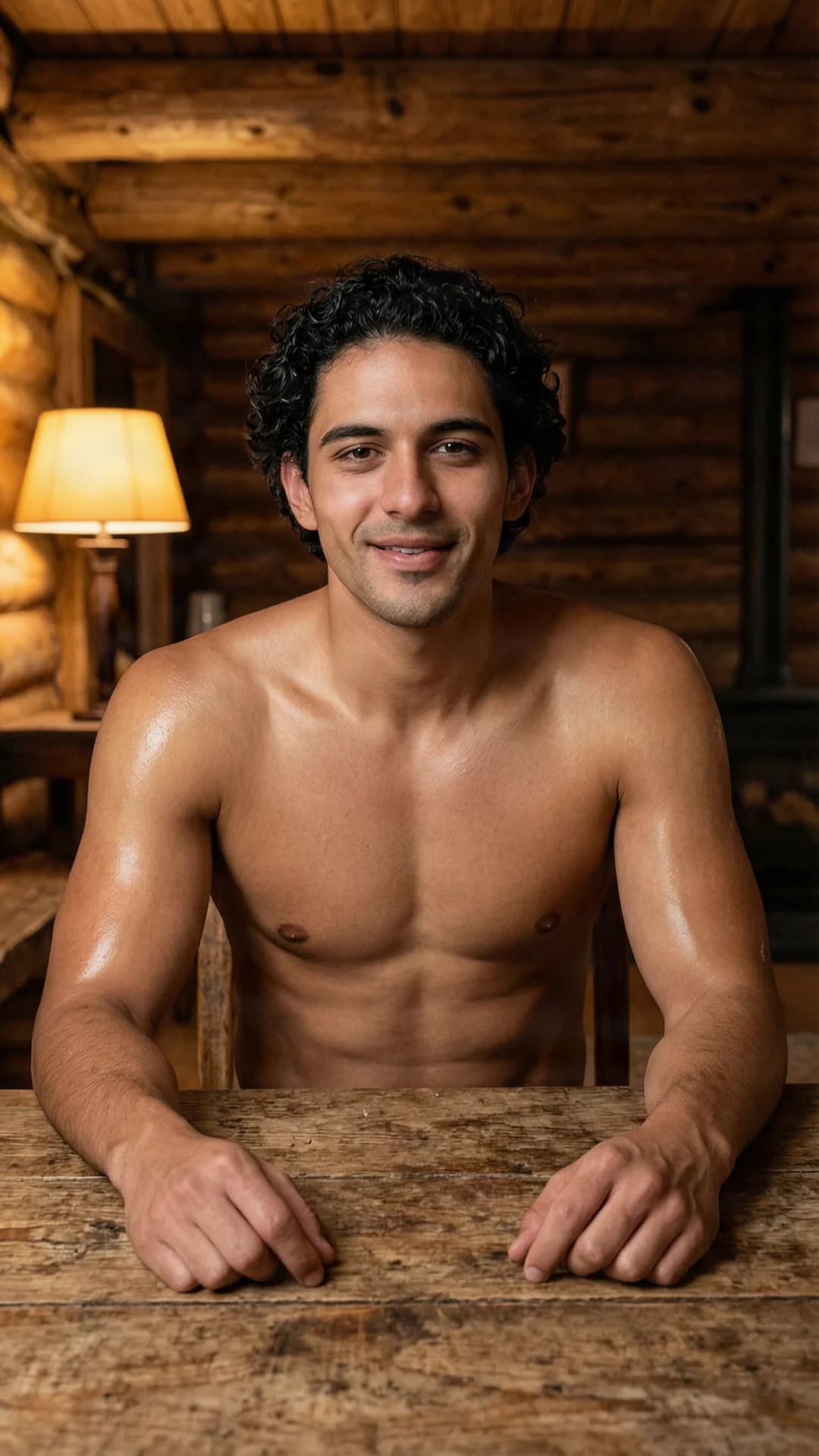 A 30-year-old Latino man with a muscular build, shorter curly black hair, and warm brown eyes, sitting shirtless at a rustic wooden kitchen table inside a cozy log cabin, his broad shoulders and defined chest muscles relaxed and glistening slightly under soft warm lamplight, torso leaning forward with hands resting on the table edge, smiling affectionately with a loving expression, strict medium close-up frontal camera angle capturing direct eye contact with the viewer conveying deep romantic affection and gentle joy, lips parted in a soft smile, cabin interior with wooden beams and simple furnishings in the softly blurred background, realistic skin texture with subtle muscle tension and natural sheen, Flawless anatomy, no extra digits, no extra limbs, realistic skin texture, high-detail.