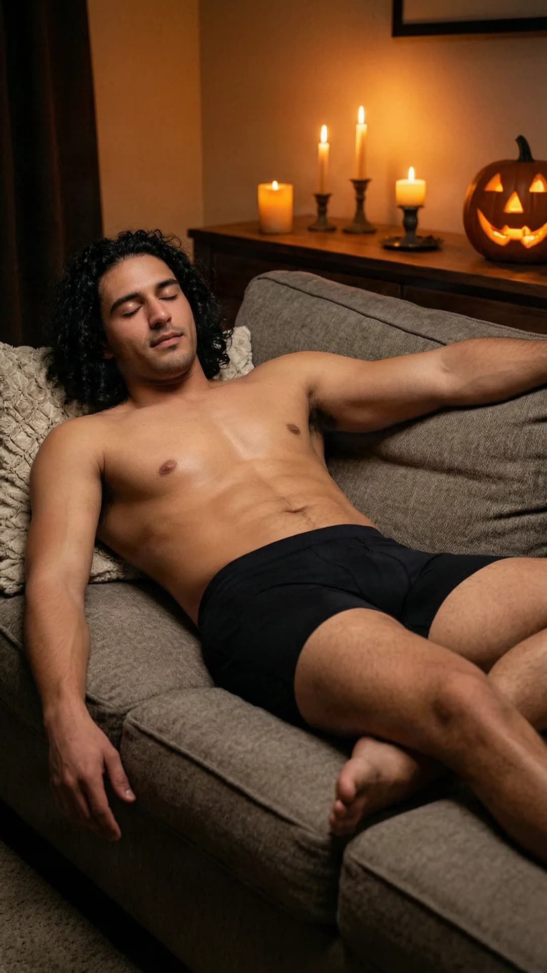 30-year-old Latino muscular man with curly black hair and brown eyes, lying asleep on a couch in a dimly lit living room wearing only short black boxer briefs that hug his thick thighs, muscular torso relaxed with chest rising and falling in deep sleep, one arm draped over the side and legs slightly spread, skin with subtle sheen under warm flickering light, candles and carved jack o lanterns glowing softly in the background casting orange shadows across the scene, medium close-up from a low side angle emphasizing his powerful build and peaceful repose, eyes closed with serene relaxed expression, cinematic mood, flawless anatomy, no extra digits, no extra limbs, realistic skin texture, high-detail.