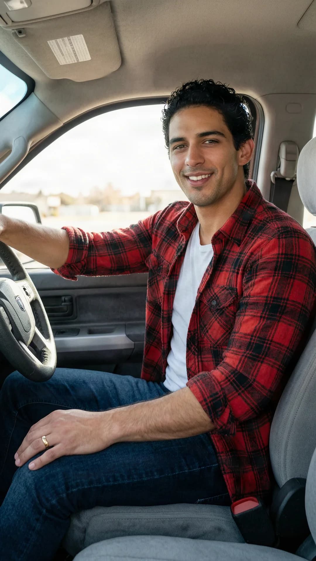 A 30-year-old muscular Latino man with short curly black hair, brown eyes, and a warm smile sits relaxed in the driver's seat of a pickup truck interior, wearing a red flannel shirt unbuttoned at the collar over a white undershirt, dark blue jeans, and a visible gold wedding ring on his left hand, body angled slightly toward the viewer with muscular arms resting on the steering wheel, natural daylight streaming through the side window casting soft shadows across his face and torso, medium close-up from the front passenger seat angle capturing direct eye contact with a friendly inviting smile and relaxed confident expression, cinematic lighting, detailed fabric textures on clothing, realistic skin sheen, Flawless anatomy, no extra digits, no extra limbs, realistic skin texture, high-detail.