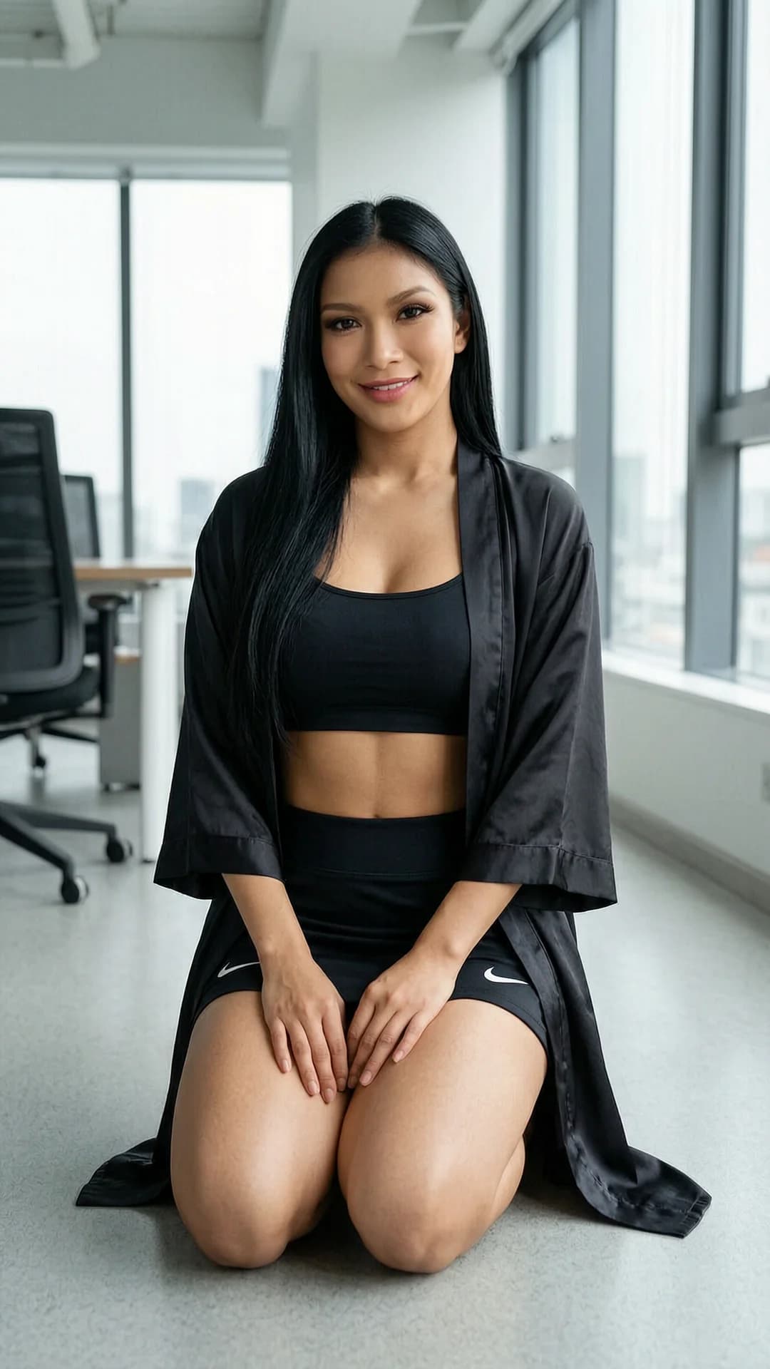 A 24-year-old Asian woman with straight black hair, brown eyes and a fit body, wearing a short black tennis skirt paired with a tight crop top shirt beneath an open luxurious satin robe, kneeling elegantly on the office floor in a modern office setting with sleek furniture and large windows, medium close-up portrait from front angle with direct eye contact and a warm inviting smile, graceful kneeling pose with back straight and hands lightly resting on her lap, soft natural daylight casting gentle highlights on her skin and satin fabric, realistic style. Flawless anatomy, no extra digits, no extra limbs, realistic skin texture, high-detail.