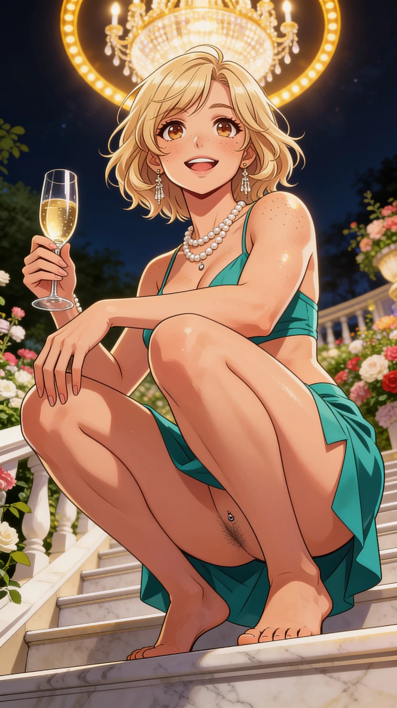 anime style, 2D cel-shaded anime illustration, anime key visual, flat cel shading, clean bold line art, vibrant saturated colors, large detailed expressive anime eyes with crisp catchlights, flat 2D rendering, not photorealistic, not 3D render, 21-year-old Caucasian woman with short blonde hair, brown eyes, fit athletic body, freckles across cheeks and shoulders, visible belly piercings, and trimmed pubic hair, squatting confidently on a marble staircase in a luxurious garden filled with blooming flowers at an elegant evening venue, wearing a short flowing emerald mini skirt that rides up to reveal her intimate details, pearl jewelry, beautiful dangling earrings, holding a champagne glass, glamorous chandelier lighting casting warm golden rim light and soft highlights on her skin with subtle sheen and blush, vertical 9:16 portrait composition centered on the character from mid-thigh up, low-angle medium close-up POV emphasizing her athletic squat pose and elegant posture, intense upward eye contact with confident seductive expression and lips parted, nsfw, detailed anime cel shading, crisp clean linework, correct anatomy, hands cleanly drawn with five fingers, studio-quality anime key visual; avoid: photorealistic, 3D render, extra fingers, deformed hands, blurry, low detail.