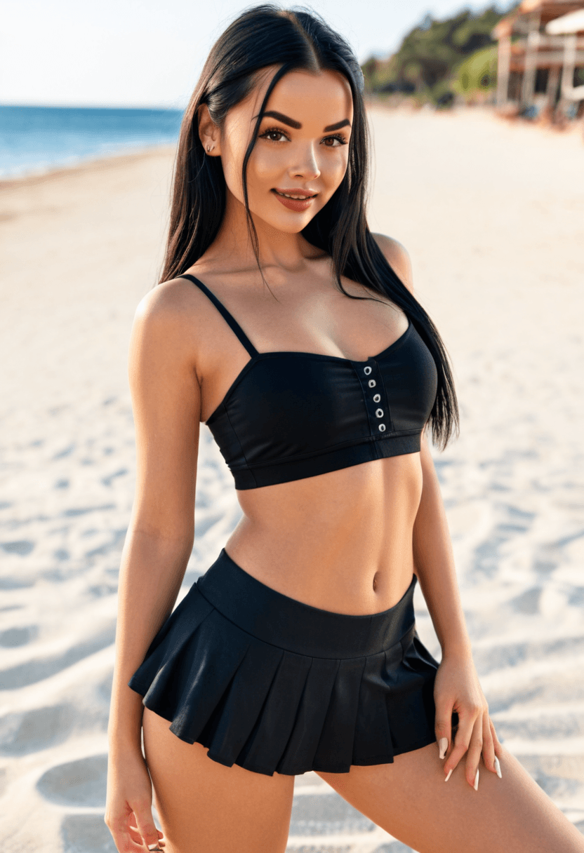 Wearing short black tennis skirt and a crop top shirt, portrait picture, looking at the viewer with a smile, wearing a stylish bikini on the beach
