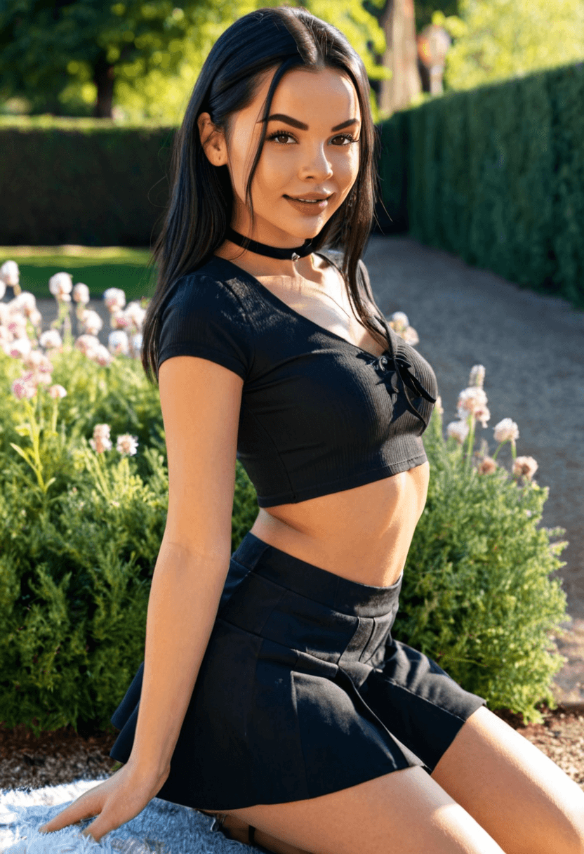 Wearing short black tennis skirt and a crop top shirt, portrait picture, looking at the viewer with a smile, in a cozy bedroom setting, wearing a fashionable choker, kneeling pose, elegant position, standing confidently, full body shot, sitting casually, relaxed pose, wearing fitted blue jeans, wearing a light flowy summer dress, in a beautiful garden with flowers