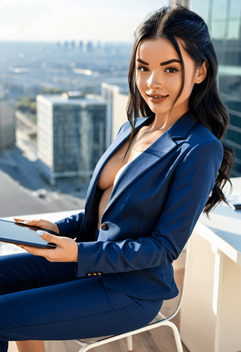 Confident businesswoman in tailored navy blue power suit, sitting at executive desk in modern corner office, city skyline view through floor-to-ceiling windows, professional headshot style, warm smile, holding tablet, sophisticated makeup and styled hair, in a cozy bedroom setting, wearing a stylish bikini on the beach, wearing fitted blue jeans