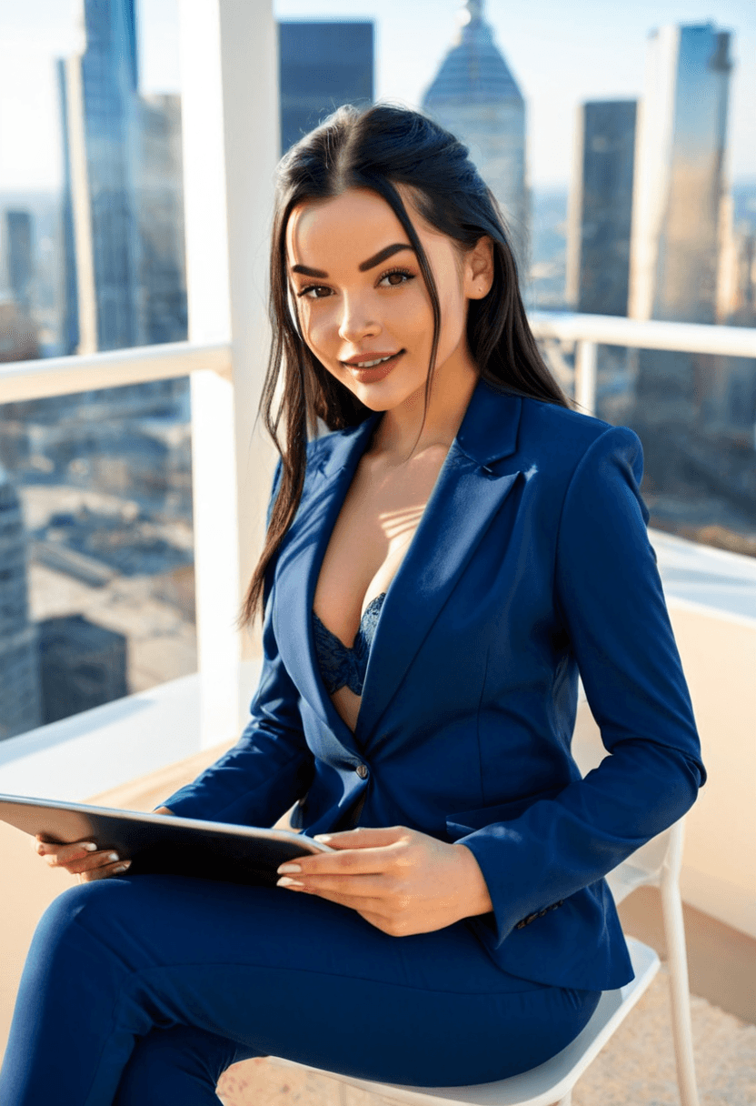 Confident businesswoman in tailored navy blue power suit, sitting at executive desk in modern corner office, city skyline view through floor-to-ceiling windows, professional headshot style, warm smile, holding tablet, sophisticated makeup and styled hair, in a cozy bedroom setting, wearing a stylish bikini on the beach, wearing fitted blue jeans
