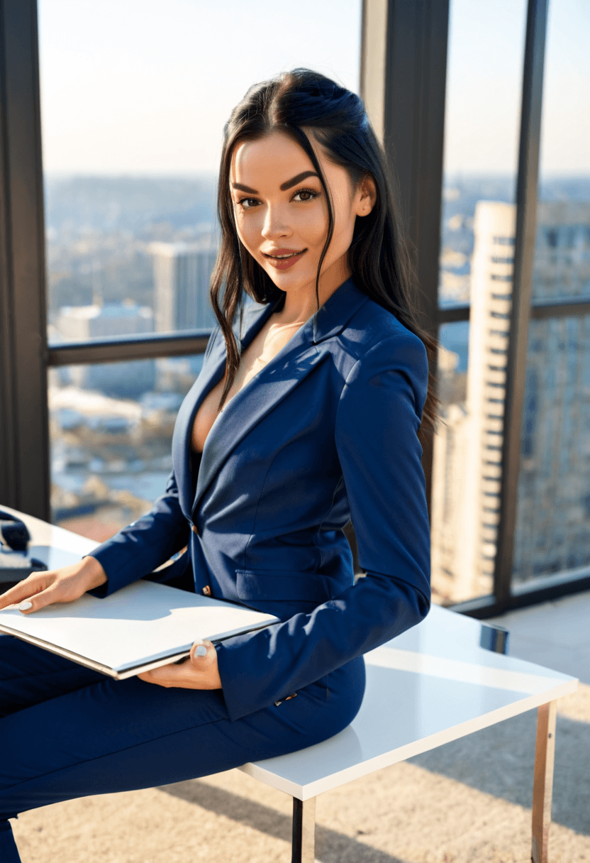 Confident businesswoman in tailored navy blue power suit, sitting at executive desk in modern corner office, city skyline view through floor-to-ceiling windows, professional headshot style, warm smile, holding tablet, sophisticated makeup and styled hair, in a cozy bedroom setting, wearing a stylish bikini on the beach, wearing fitted blue jeans