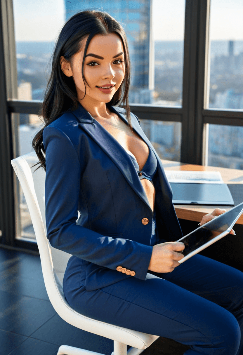 Confident businesswoman in tailored navy blue power suit, sitting at executive desk in modern corner office, city skyline view through floor-to-ceiling windows, professional headshot style, warm smile, holding tablet, sophisticated makeup and styled hair, in a cozy bedroom setting, wearing a stylish bikini on the beach, wearing fitted blue jeans