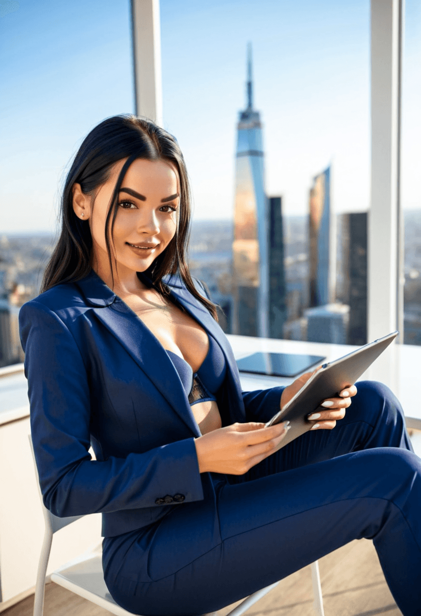 Confident businesswoman in tailored navy blue power suit, sitting at executive desk in modern corner office, city skyline view through floor-to-ceiling windows, professional headshot style, warm smile, holding tablet, sophisticated makeup and styled hair, in a cozy bedroom setting, wearing a stylish bikini on the beach, wearing fitted blue jeans