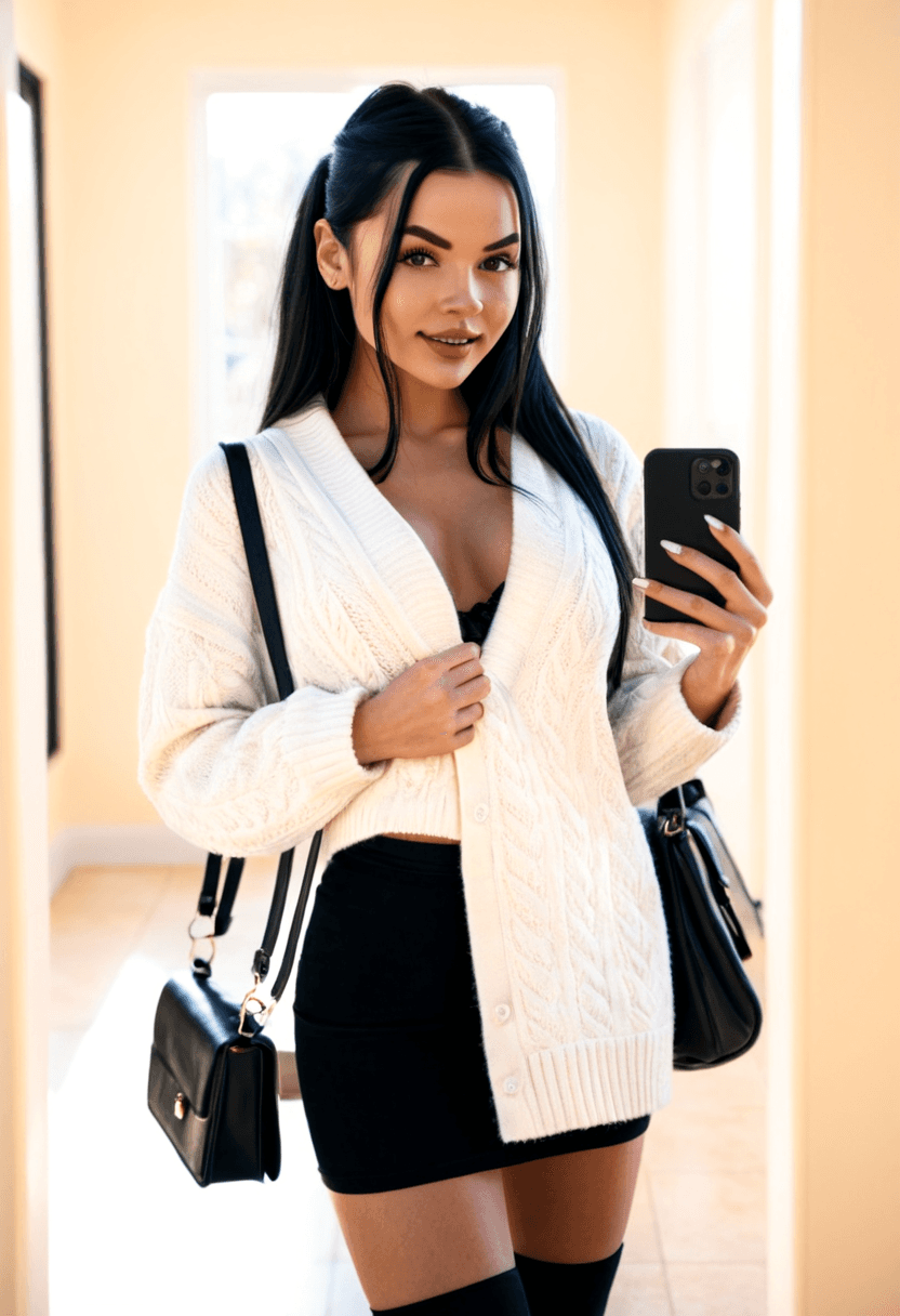 realistic selfie of a woman standing in a hallway in front of a mirror, wearing an unbuttoned coat revealing a white sweater, black skirt, and black tights. She wears black ankle boots with white wool socks peeking out. Her hair is tied in a ponytail. She holds a phone in one hand to take the picture, and a large black handbag hangs from her shoulder. Beige wall and door in the background, warm artificial indoor lighting, slight grain, mild blur, phone camera quality, casual composition, horizontal 16:9 aspect ratio, cozy everyday atmosphere.