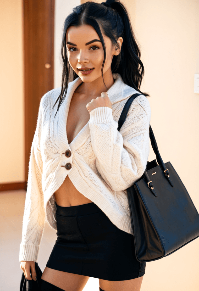 realistic selfie of a woman standing in a hallway in front of a mirror, wearing an unbuttoned coat revealing a white sweater, black skirt, and black tights. She wears black ankle boots with white wool socks peeking out. Her hair is tied in a ponytail. She holds a phone in one hand to take the picture, and a large black handbag hangs from her shoulder. Beige wall and door in the background, warm artificial indoor lighting, slight grain, mild blur, phone camera quality, casual composition, horizontal 16:9 aspect ratio, cozy everyday atmosphere.