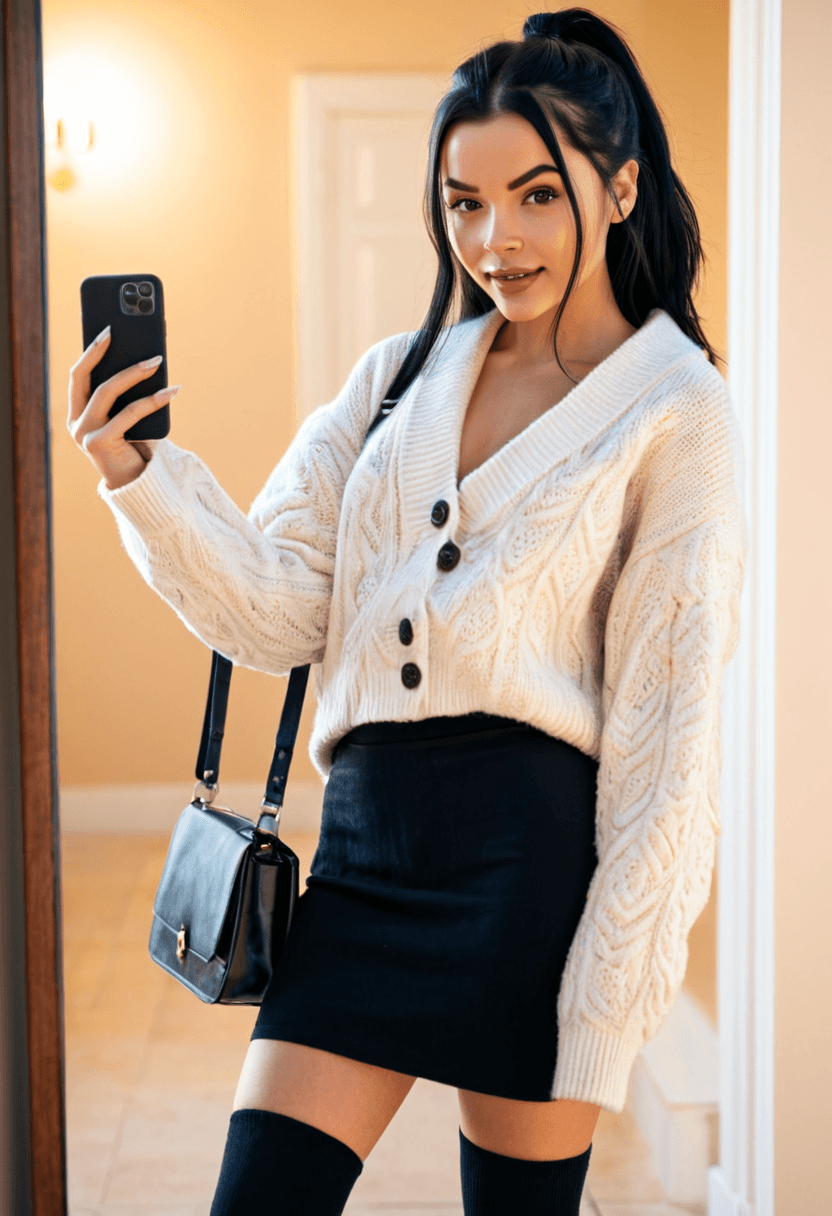 realistic selfie of a woman standing in a hallway in front of a mirror, wearing an unbuttoned coat revealing a white sweater, black skirt, and black tights. She wears black ankle boots with white wool socks peeking out. Her hair is tied in a ponytail. She holds a phone in one hand to take the picture, and a large black handbag hangs from her shoulder. Beige wall and door in the background, warm artificial indoor lighting, slight grain, mild blur, phone camera quality, casual composition, horizontal 16:9 aspect ratio, cozy everyday atmosphere.