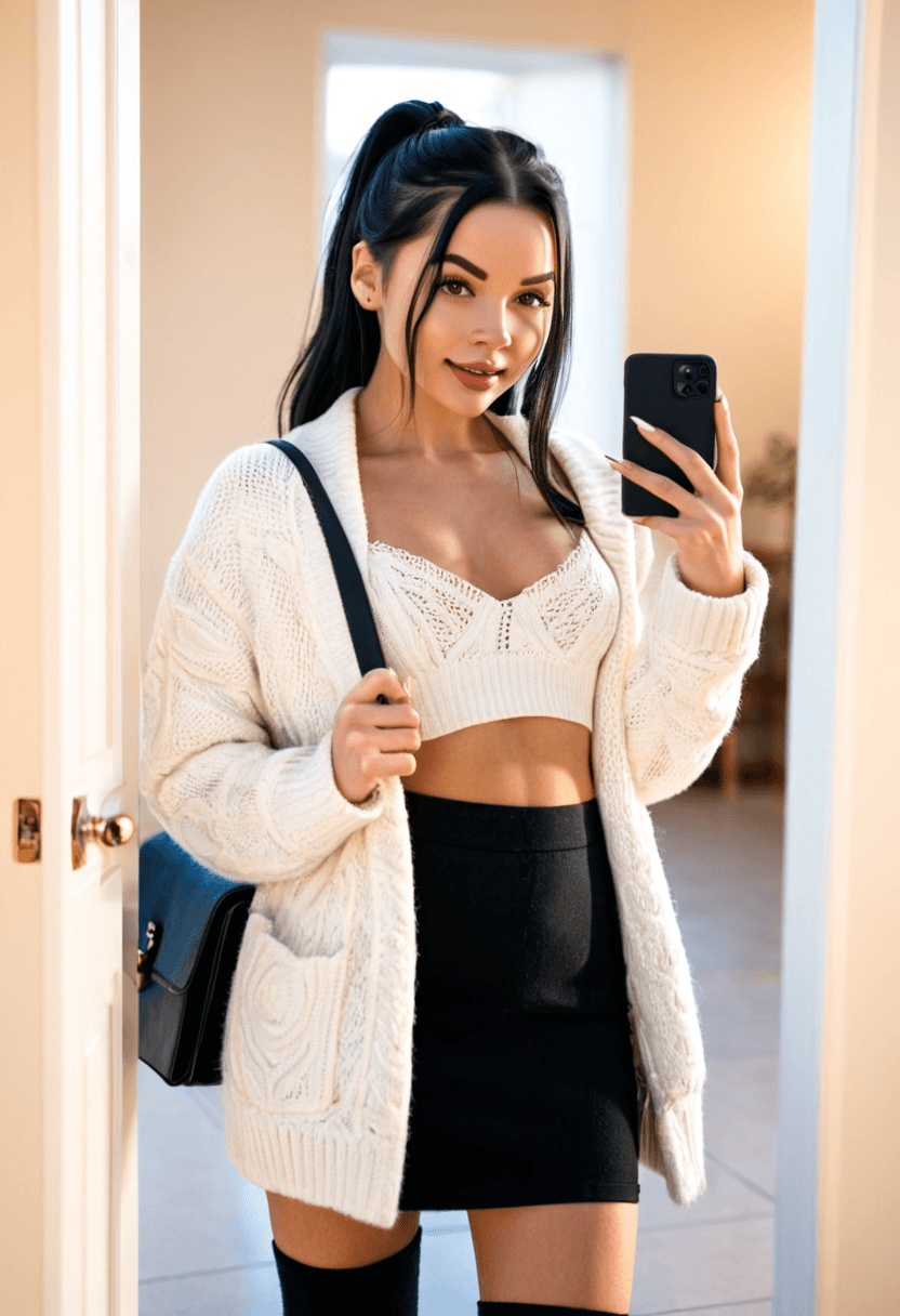 realistic selfie of a woman standing in a hallway in front of a mirror, wearing an unbuttoned coat revealing a white sweater, black skirt, and black tights. She wears black ankle boots with white wool socks peeking out. Her hair is tied in a ponytail. She holds a phone in one hand to take the picture, and a large black handbag hangs from her shoulder. Beige wall and door in the background, warm artificial indoor lighting, slight grain, mild blur, phone camera quality, casual composition, horizontal 16:9 aspect ratio, cozy everyday atmosphere.