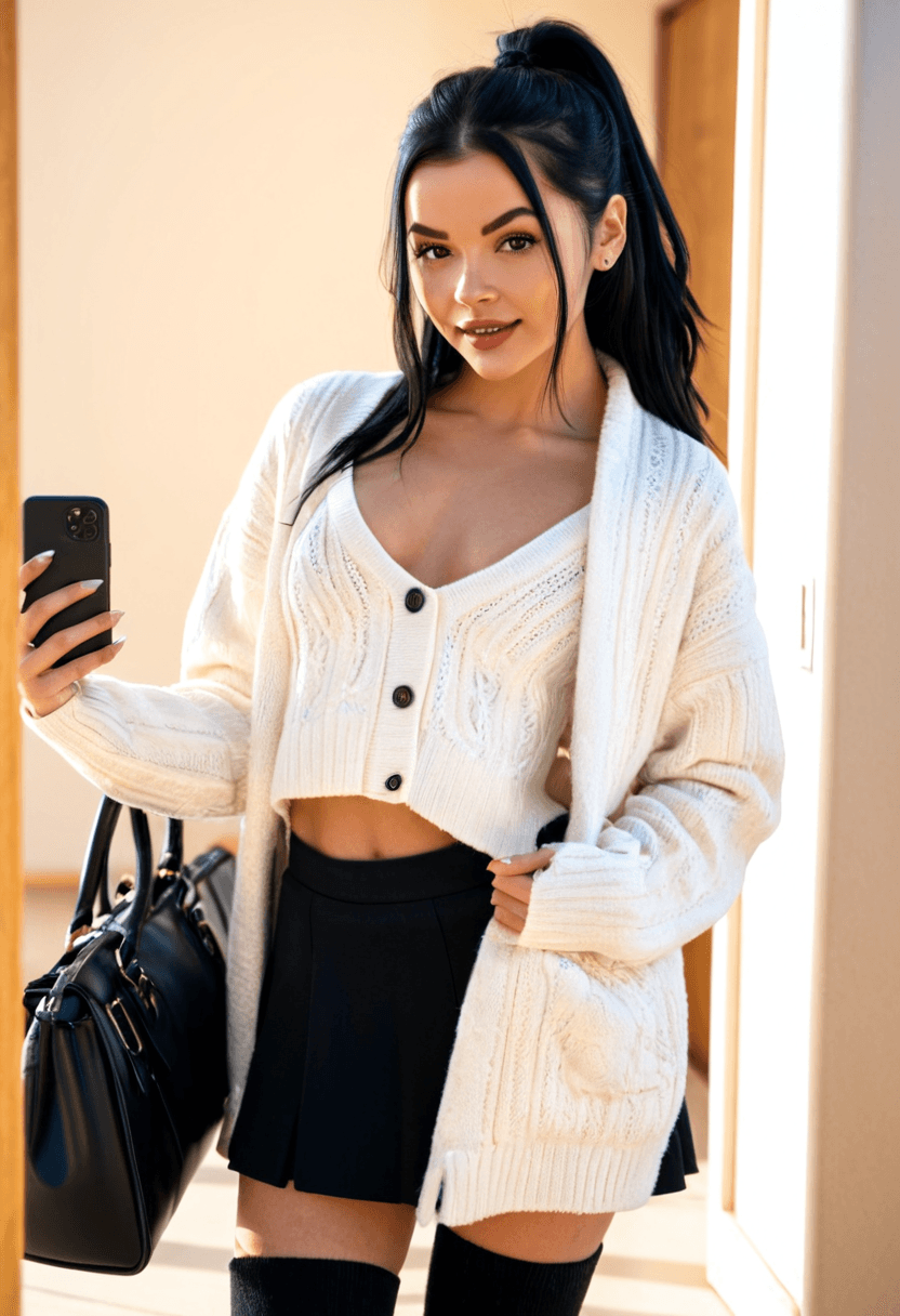 realistic selfie of a woman standing in a hallway in front of a mirror, wearing an unbuttoned coat revealing a white sweater, black skirt, and black tights. She wears black ankle boots with white wool socks peeking out. Her hair is tied in a ponytail. She holds a phone in one hand to take the picture, and a large black handbag hangs from her shoulder. Beige wall and door in the background, warm artificial indoor lighting, slight grain, mild blur, phone camera quality, casual composition, horizontal 16:9 aspect ratio, cozy everyday atmosphere.