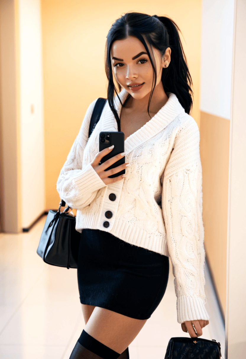 realistic selfie of a woman standing in a hallway in front of a mirror, wearing an unbuttoned coat revealing a long white cosy sweater, black skirt, and black tights. She wears black ankle boots with white wool socks peeking out. Her hair is tied in a ponytail. She holds a phone in one hand to take the picture, and a large black handbag hangs from her shoulder. Beige wall and door in the background, warm artificial indoor lighting, slight grain, mild blur, phone camera quality, casual composition, horizontal 16:9 aspect ratio, cozy everyday atmosphere.